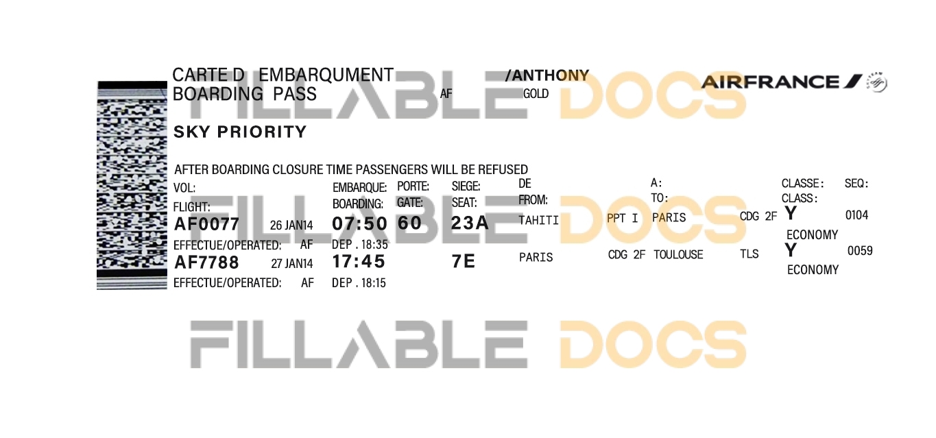Fake AirFrance Airline Ticket | Editable Airplane Tickets PSD Templates