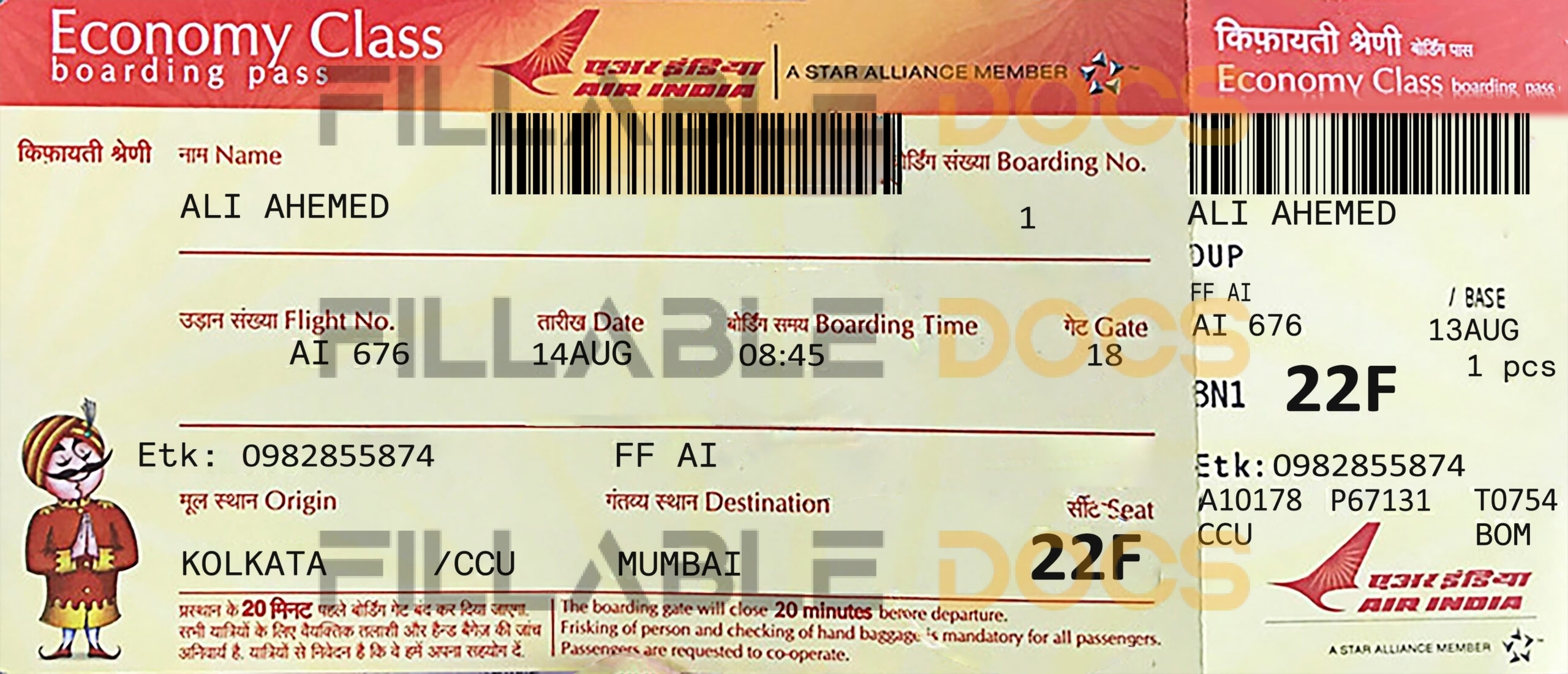 Fake AirIndia Airline Economy class Ticket | Editable Airplane Tickets PSD Templates