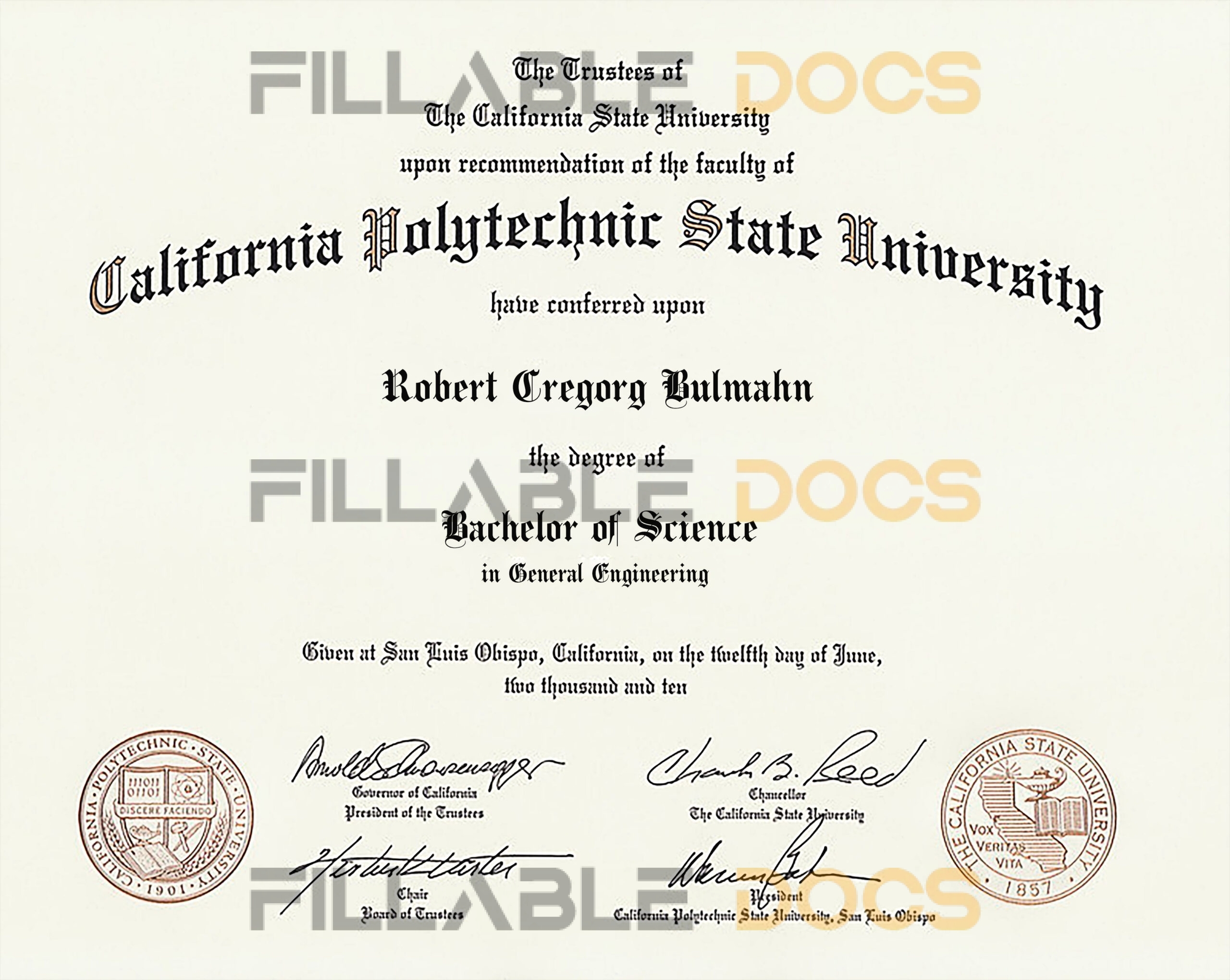 Authentic-Looking Fake Bachelor of Science from California State University