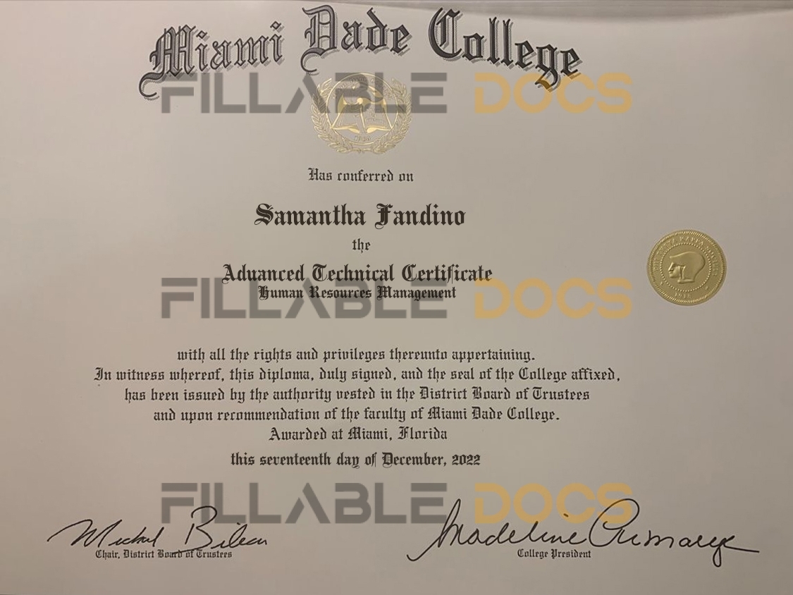 Authentic-Looking Fake Certificate from Miami Dade College