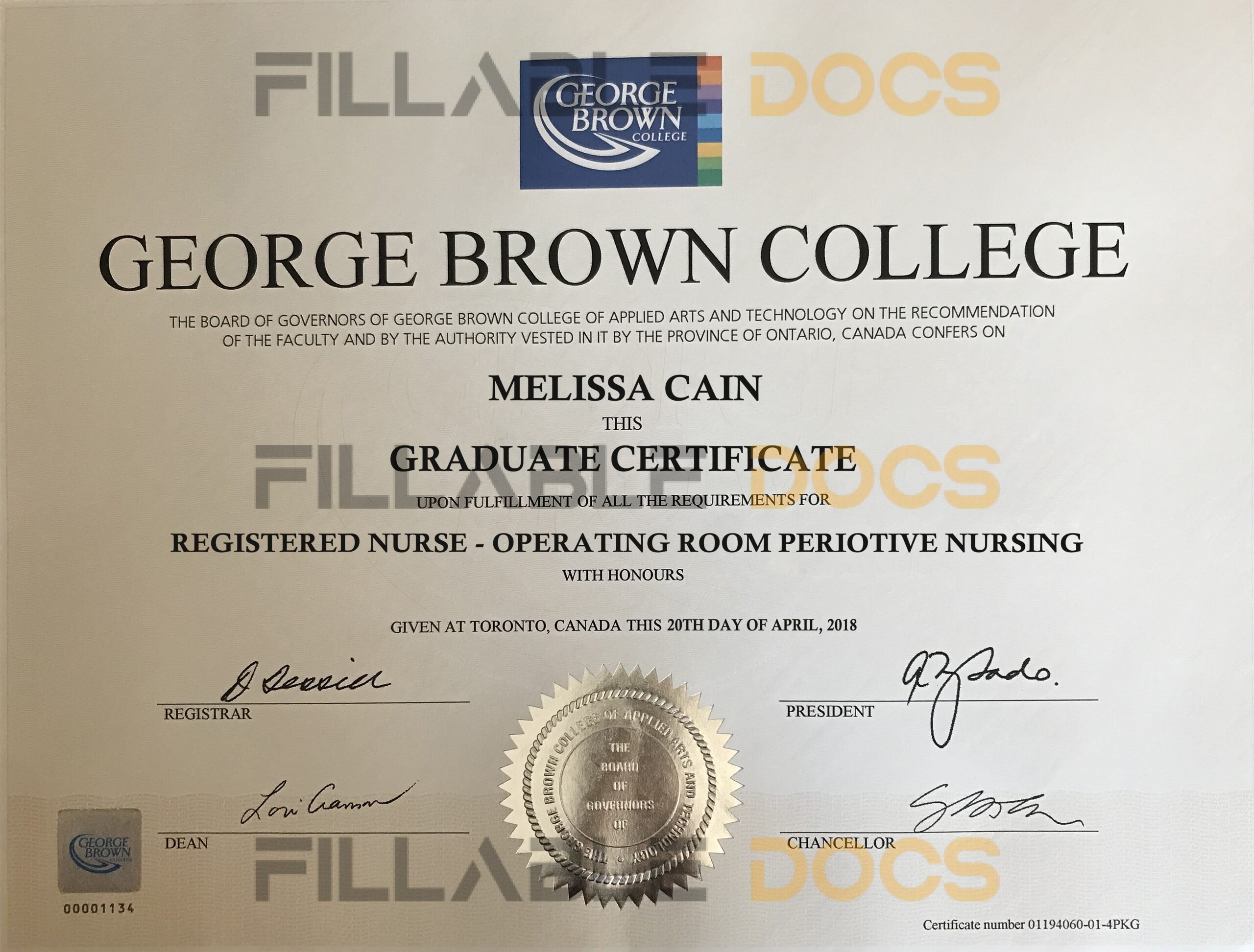 Authentic-Looking Fake Graduate Certificate from George Brown College