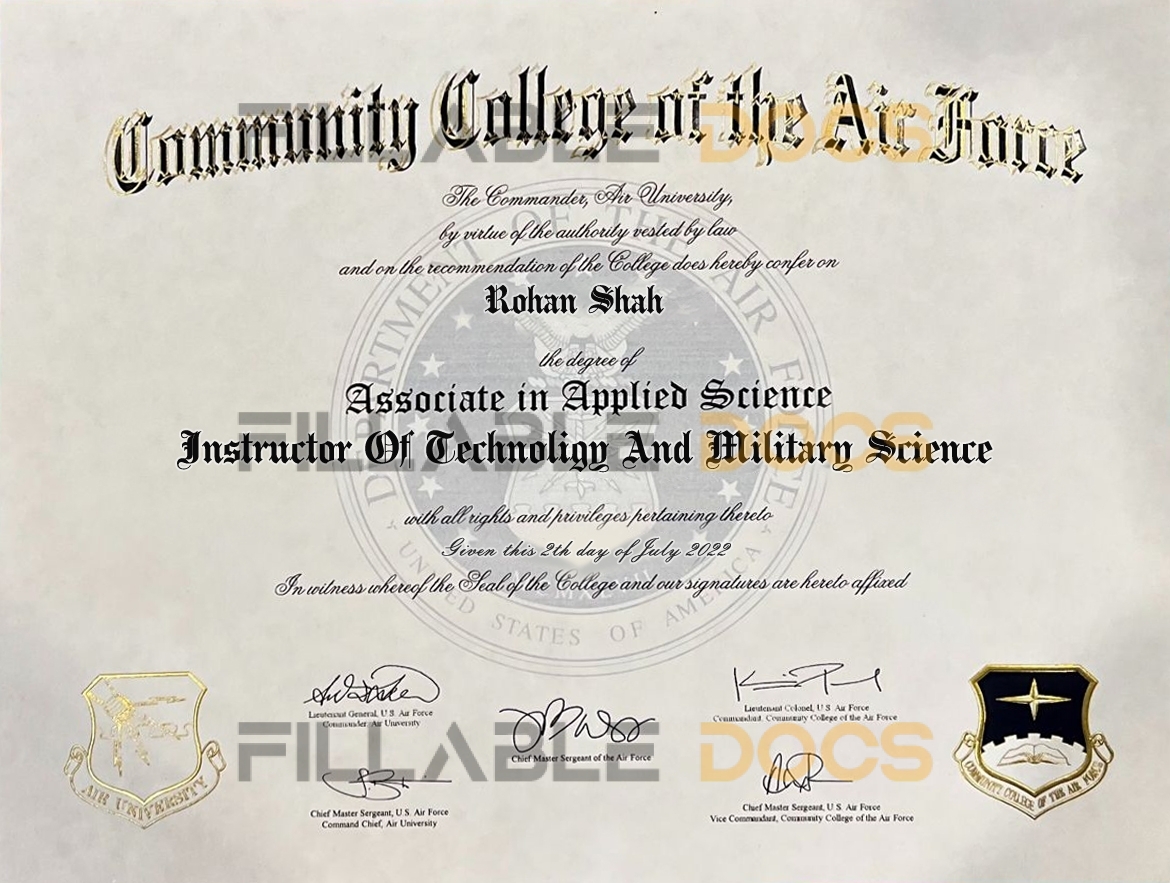 Authentic-Looking Fake Instructor Of Technoligy And Military Science from Community College Of The Air Force University