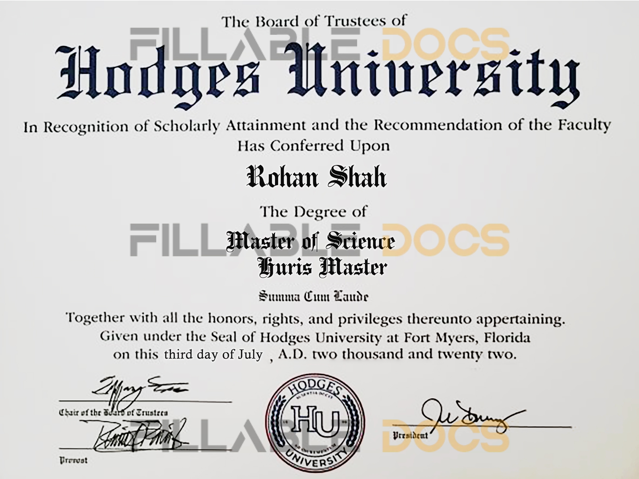 Authentic-Looking Fake Master of Science from Hodges University