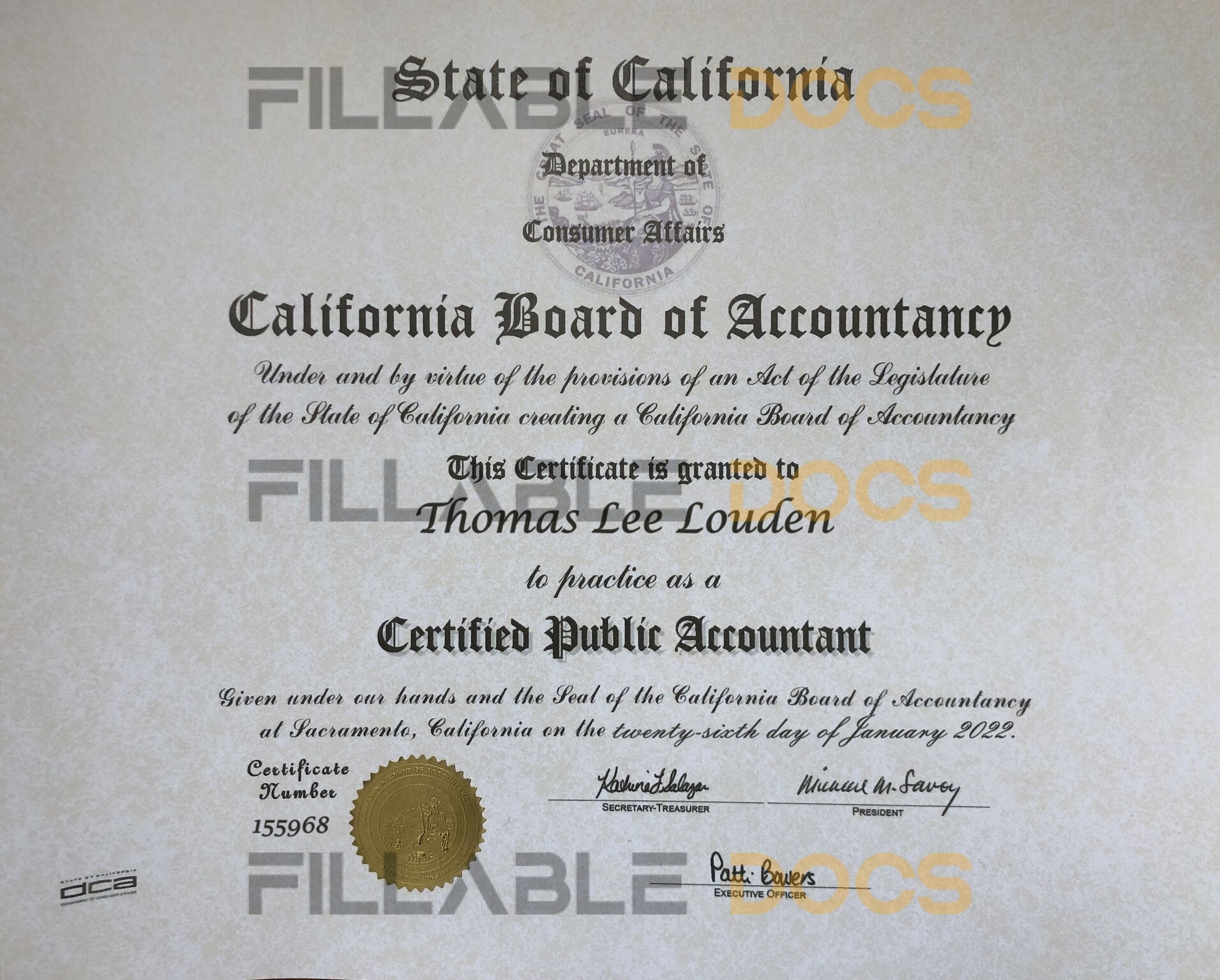Authentic-Looking Fake certificate from California Board of Accountancy