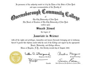 Authentic-Looking Fake certificate from Queens Borough Community College