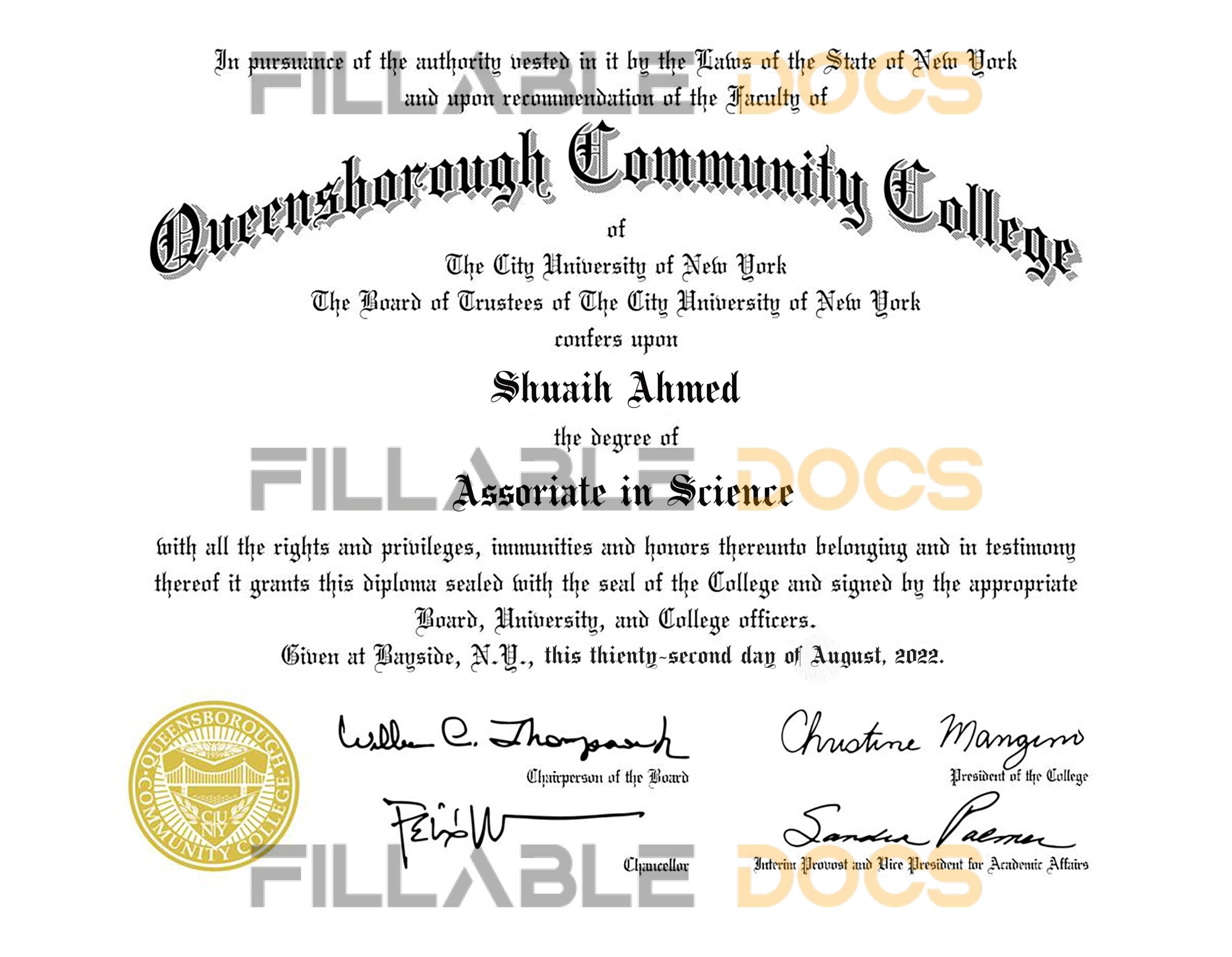 Authentic-Looking Fake certificate from Queens Borough Community College