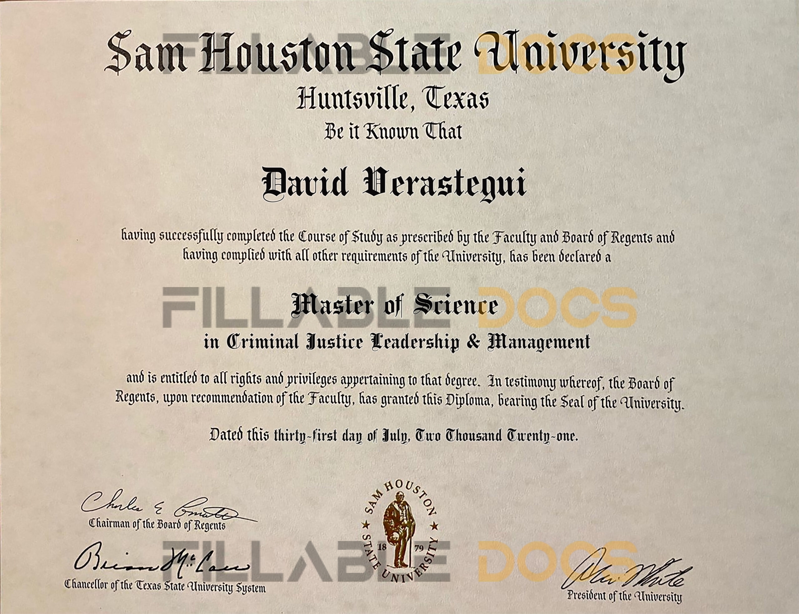 Authentic-Looking Fake certificate from Sam Houston State University