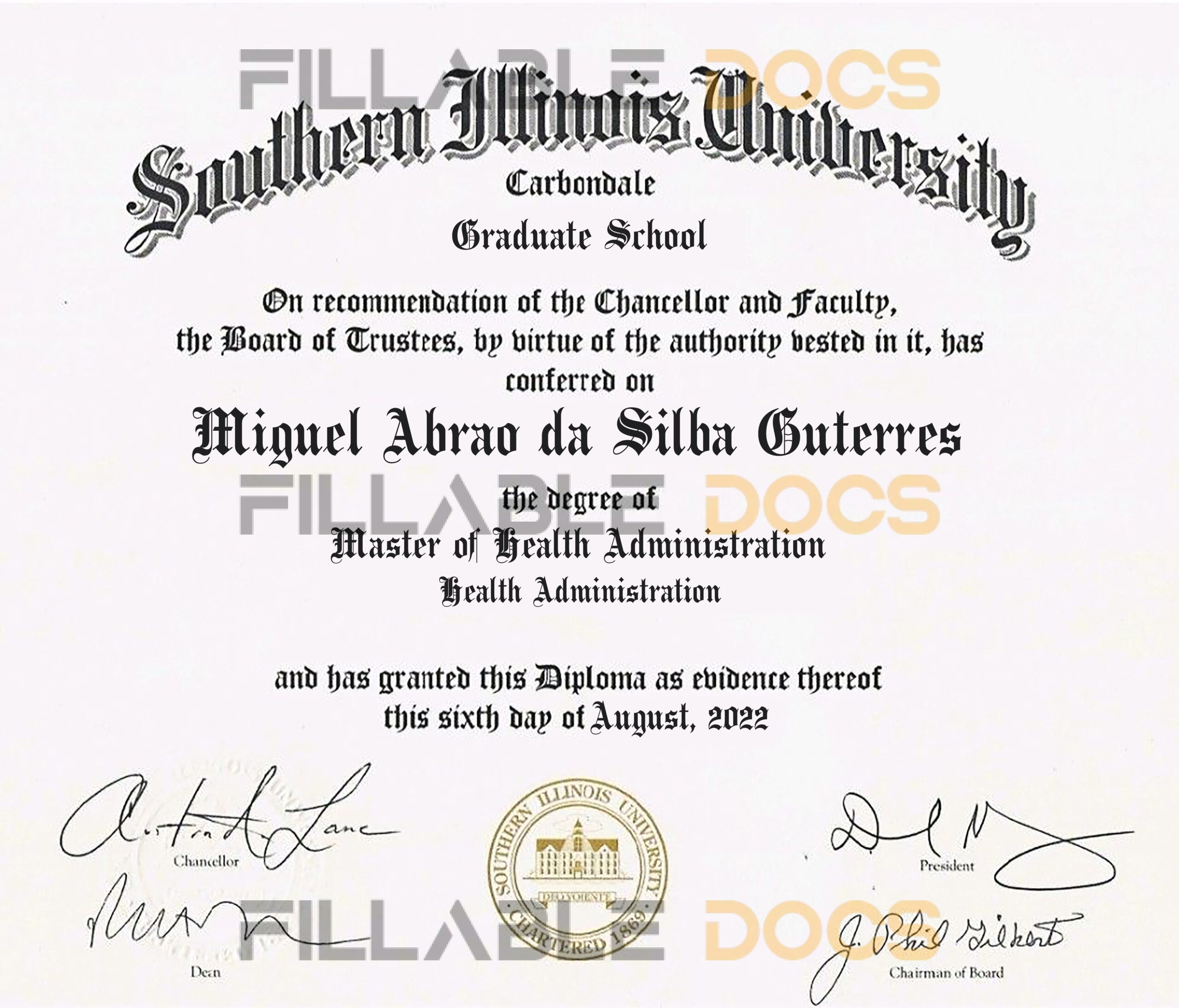 Authentic-Looking Fake certificate from Southern Illinois University Carbondale
