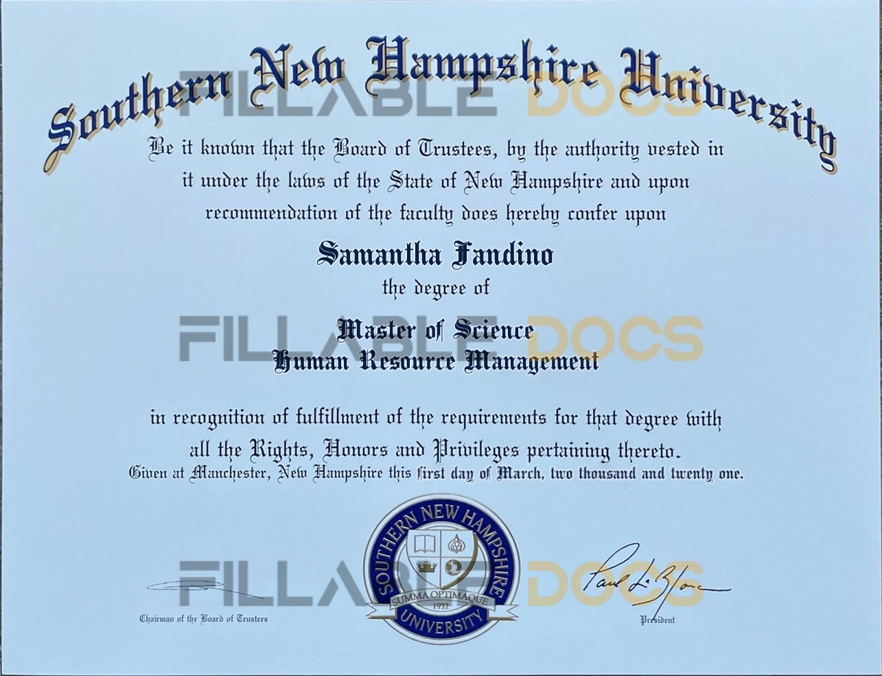 Authentic-Looking Fake certificate from Southern New Hampshire University