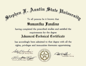 Authentic-Looking Fake certificate from Stephen F. Austin State University