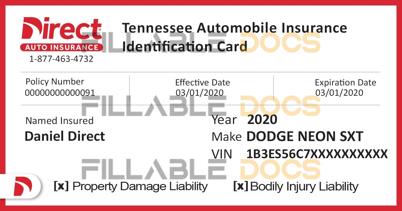 Customizable Fake Proof of Direct Auto Car Insurance