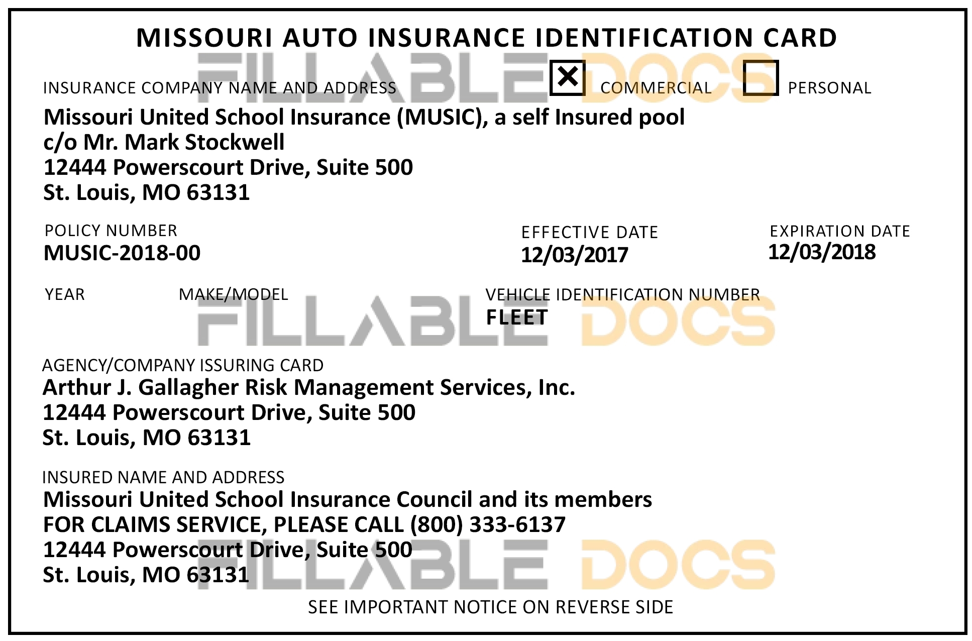 Customizable Fake Proof of Missouri Auto Insurance