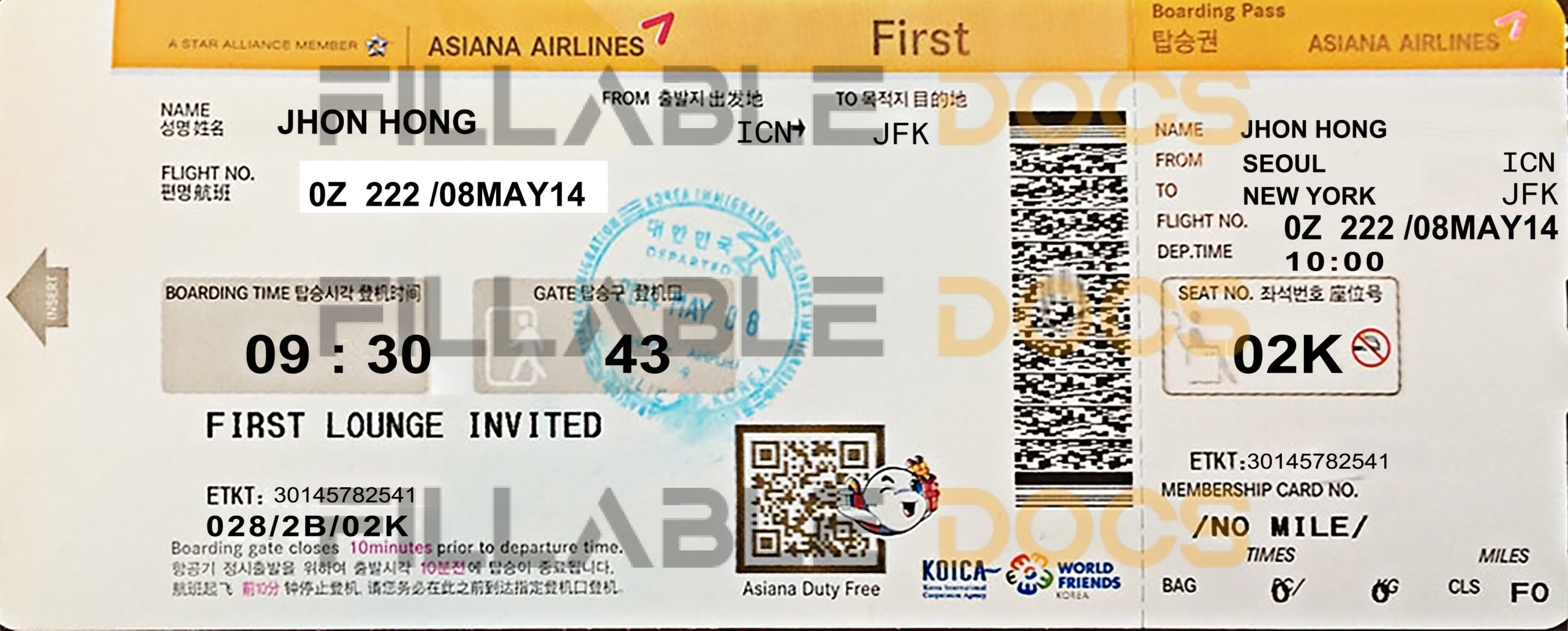 Fake Asiana airlines Airline first Ticket | Editable Airplane Tickets PSD Templates