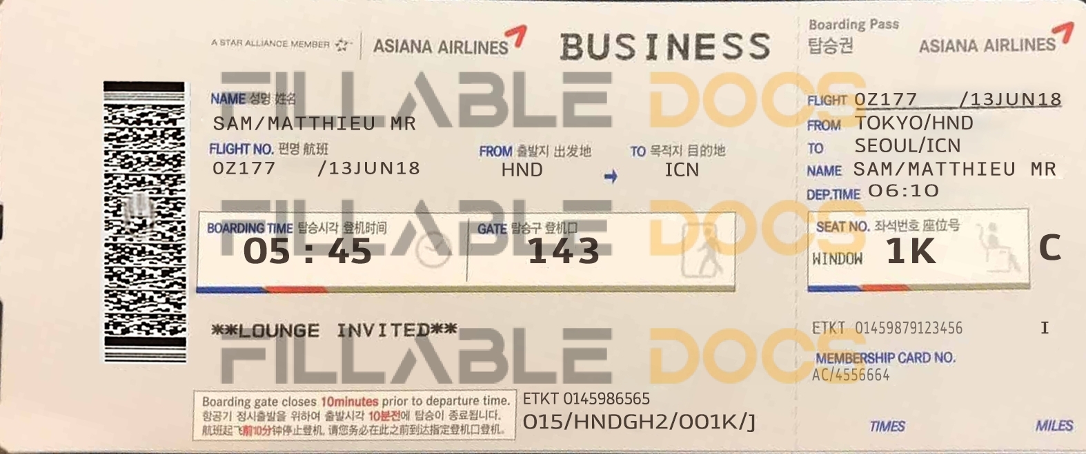 Fake Asiana airlines business Ticket | Editable Airplane Tickets PSD Templates
