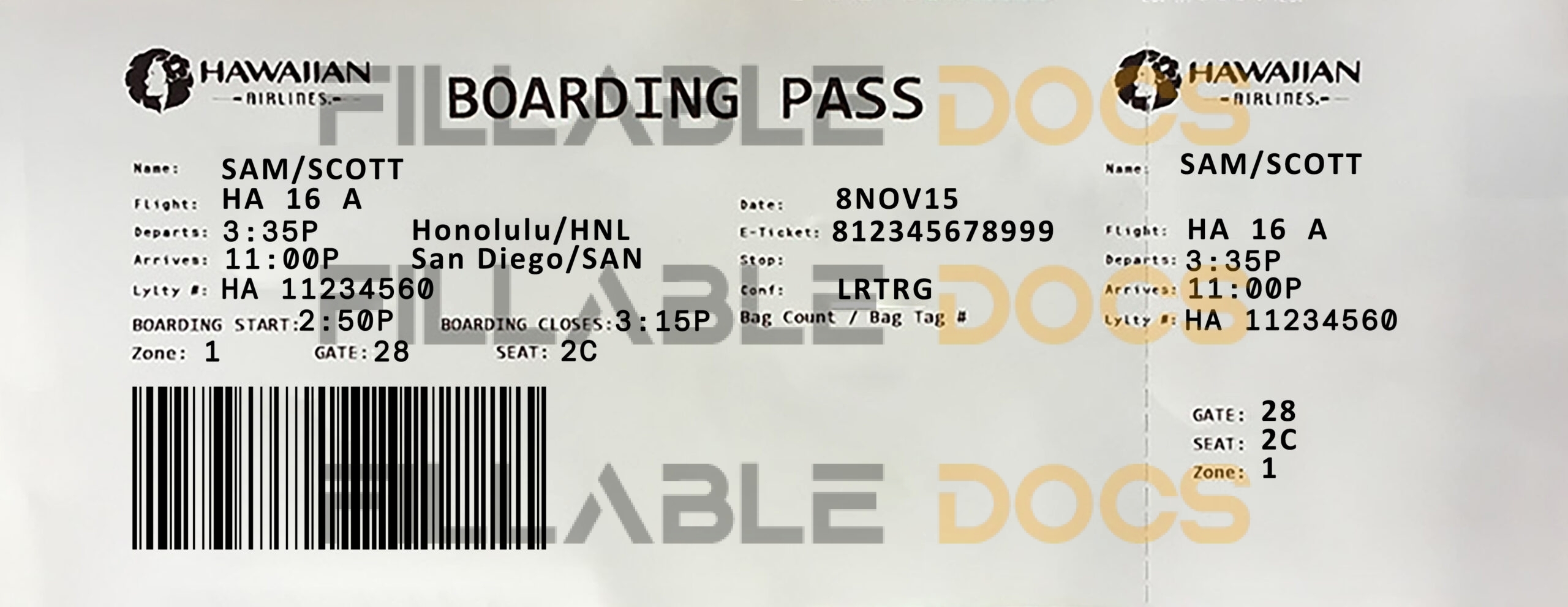 Fake Hawaiian Airlines Airline Ticket | Editable Airplane Tickets PSD Templates