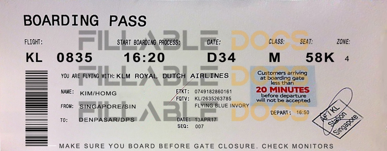 Fake KLM Royal Dutch Airline Ticket | Editable Airplane Tickets PSD Templates