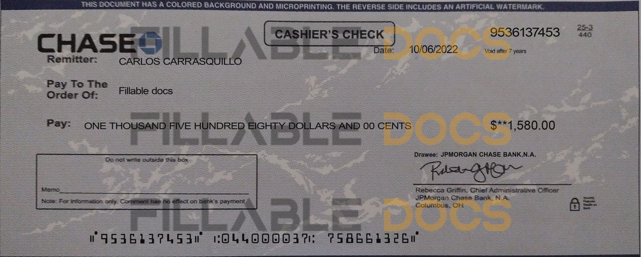 Fillable Chase Bank Blank Check Template
