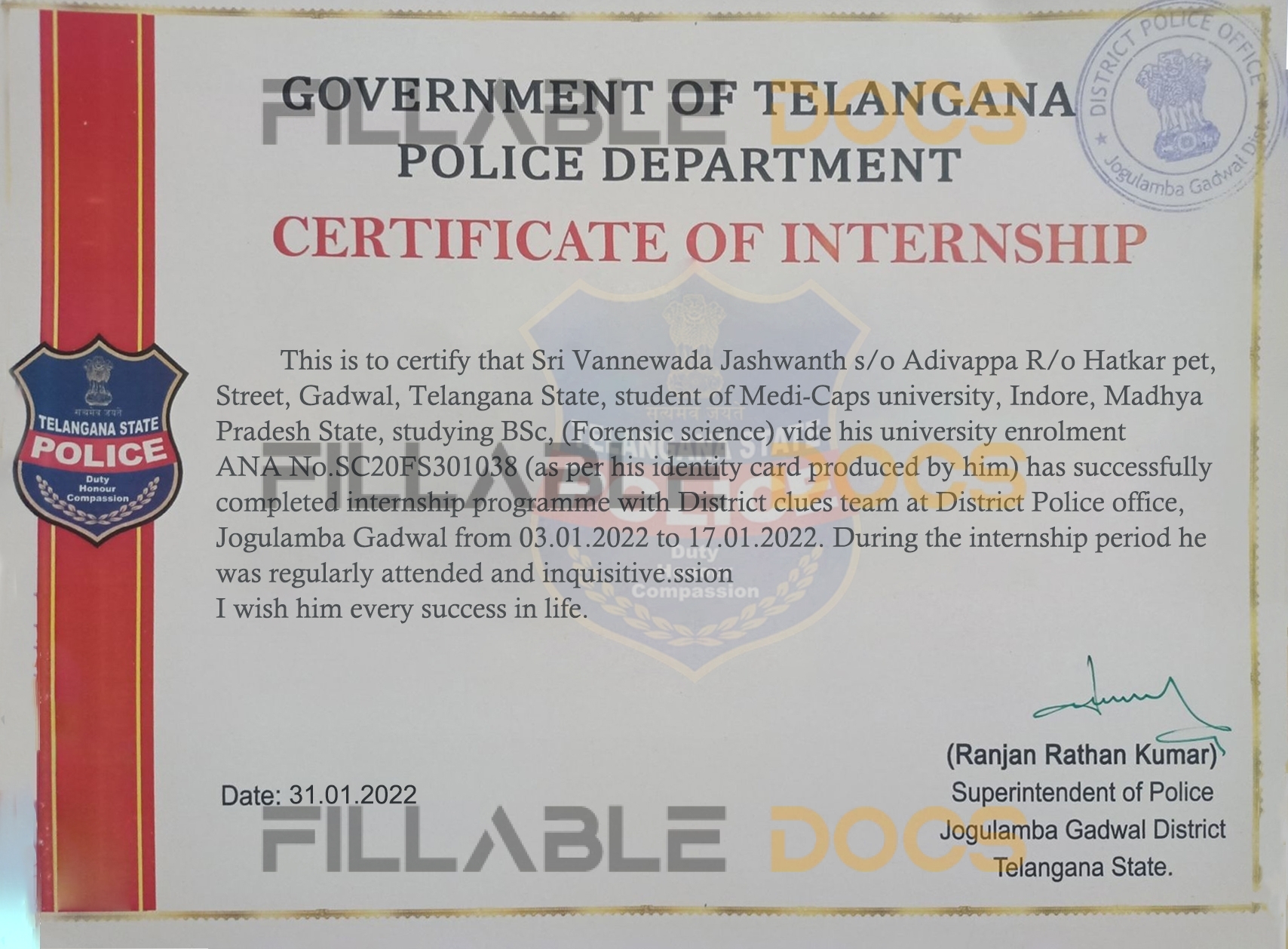 Stand Out with a Customizable GOVERNMENT OF TELANGANA POLICE DEPARTMENT Internship Certificate PSD Template