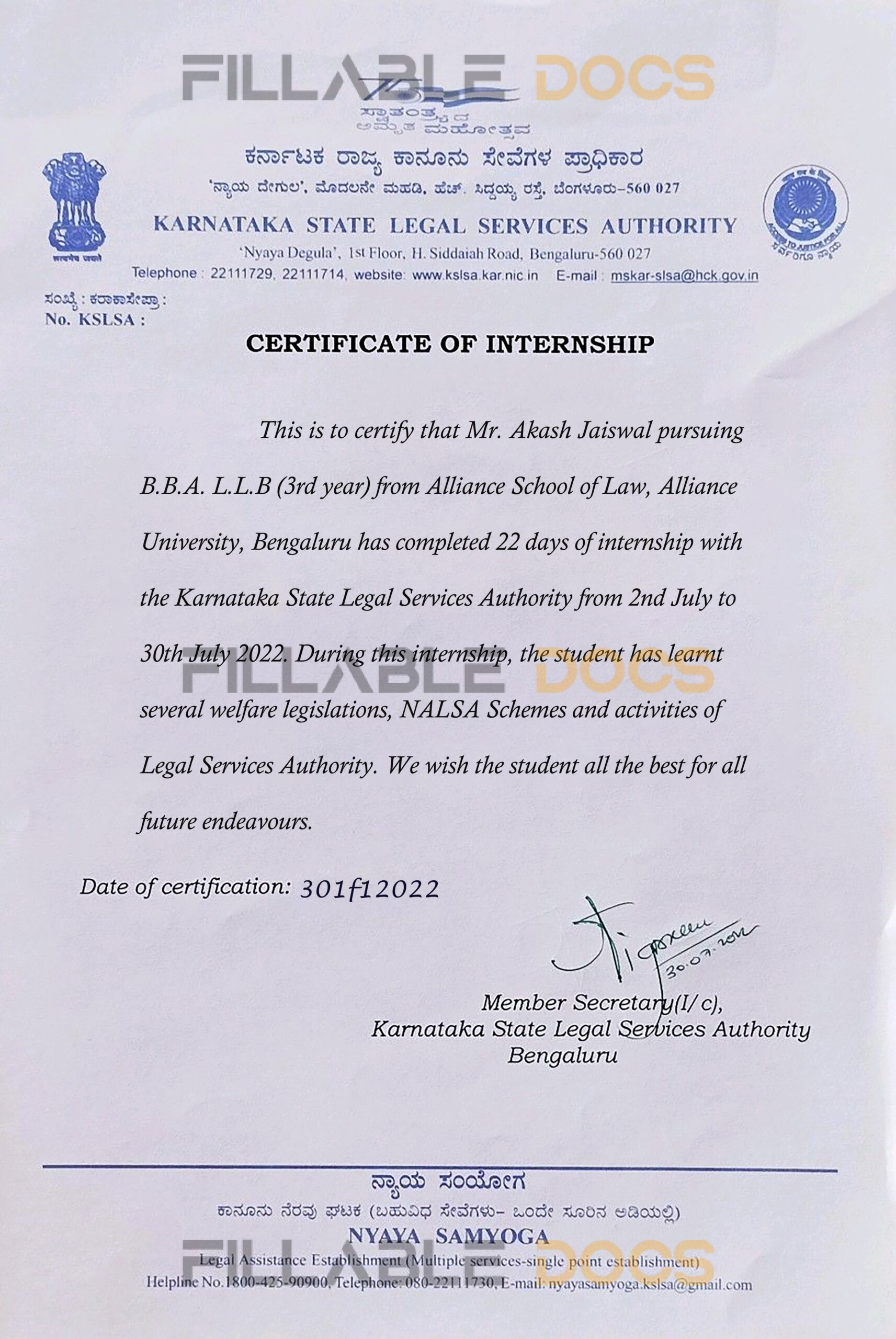 Stand Out with a Customizable Karnataka state legal services  Internship Certificate PSD Template
