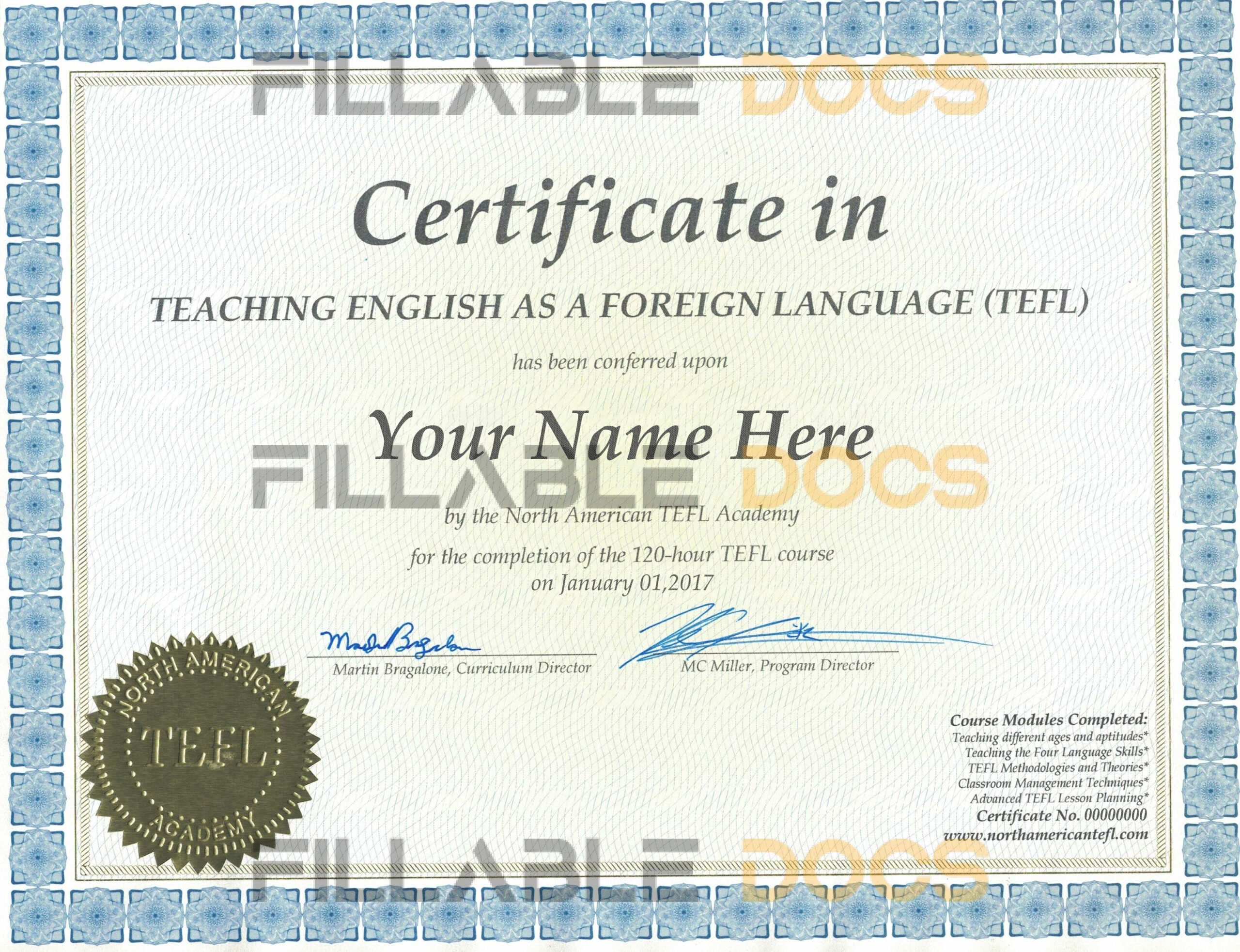 North American Academy TEFL Certificate PSD Template