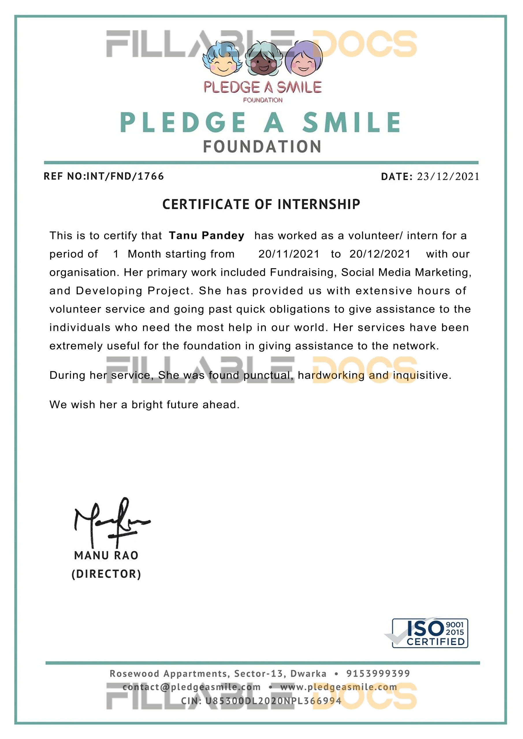 Stand Out with a Customizable PLEDGE A SMILE Internship Certificate PSD Template