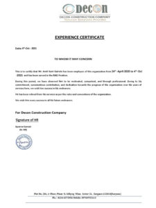 Purchase Realistic Fake Decon construction company Experience Certificate Templates | Easily Editable