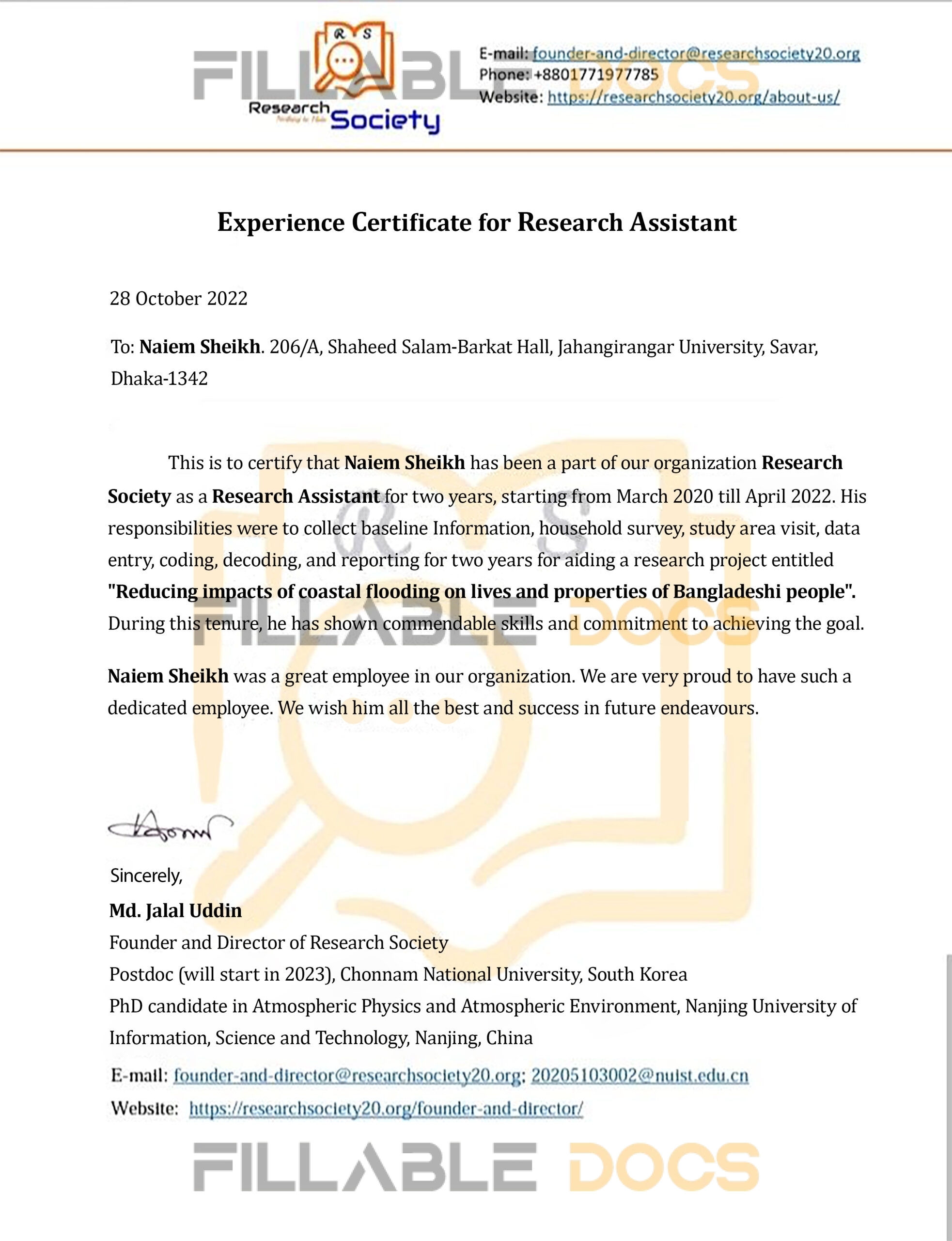 Purchase Realistic Fake Research Society Experience Certificate Templates | Easily Editable