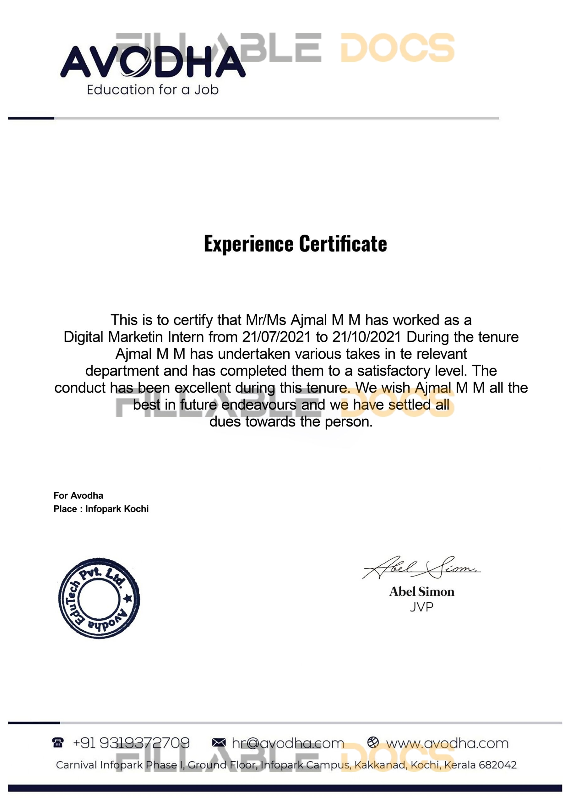 Purchase Realistic Fake avodha Experience Certificate Templates | Easily Editable