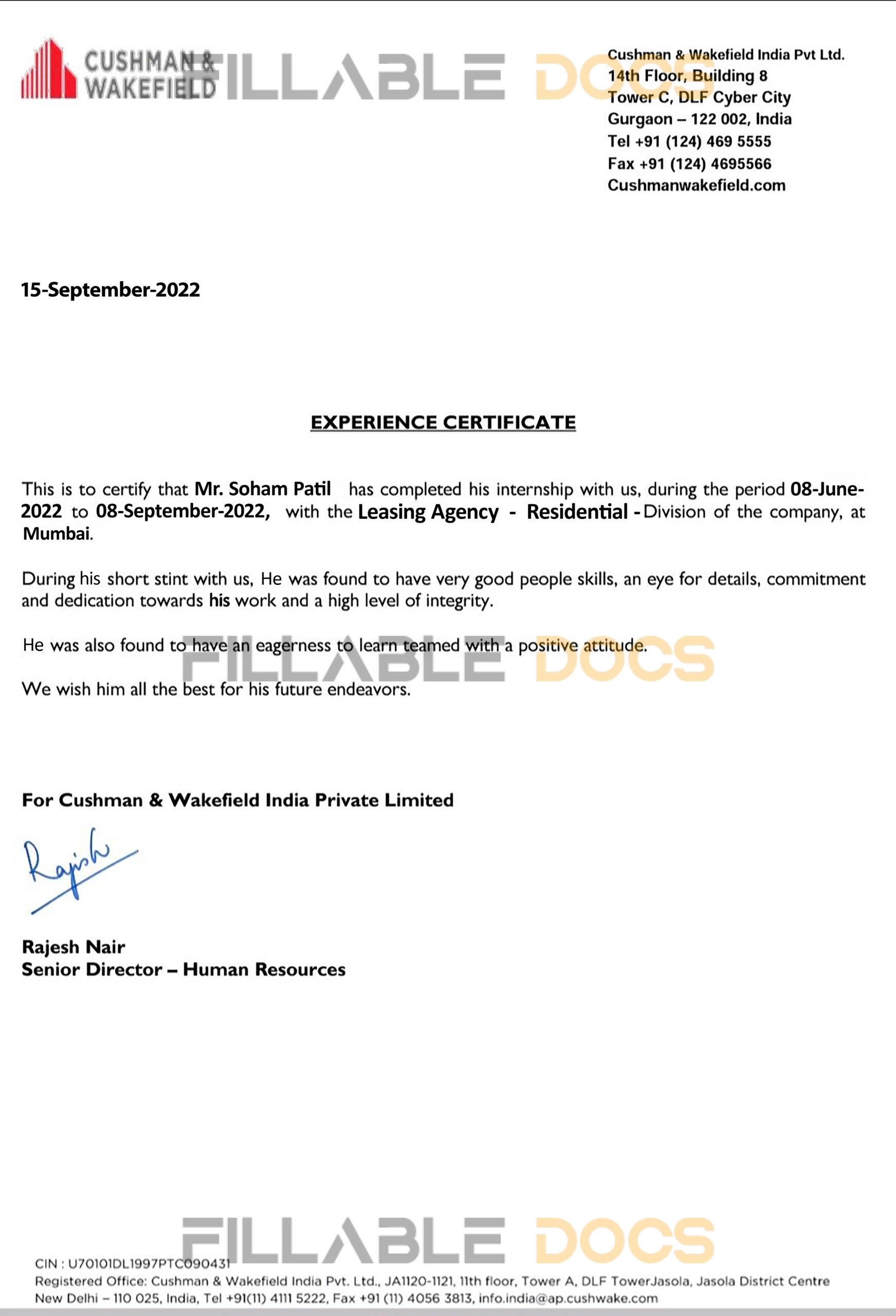 Purchase Realistic Fake cushman & wakefield company Experience Certificate Templates | Easily Editable