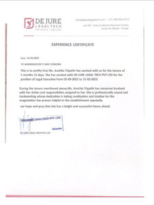 Purchase Realistic Fake dejure legaltech company Experience Certificate Templates | Easily Editable