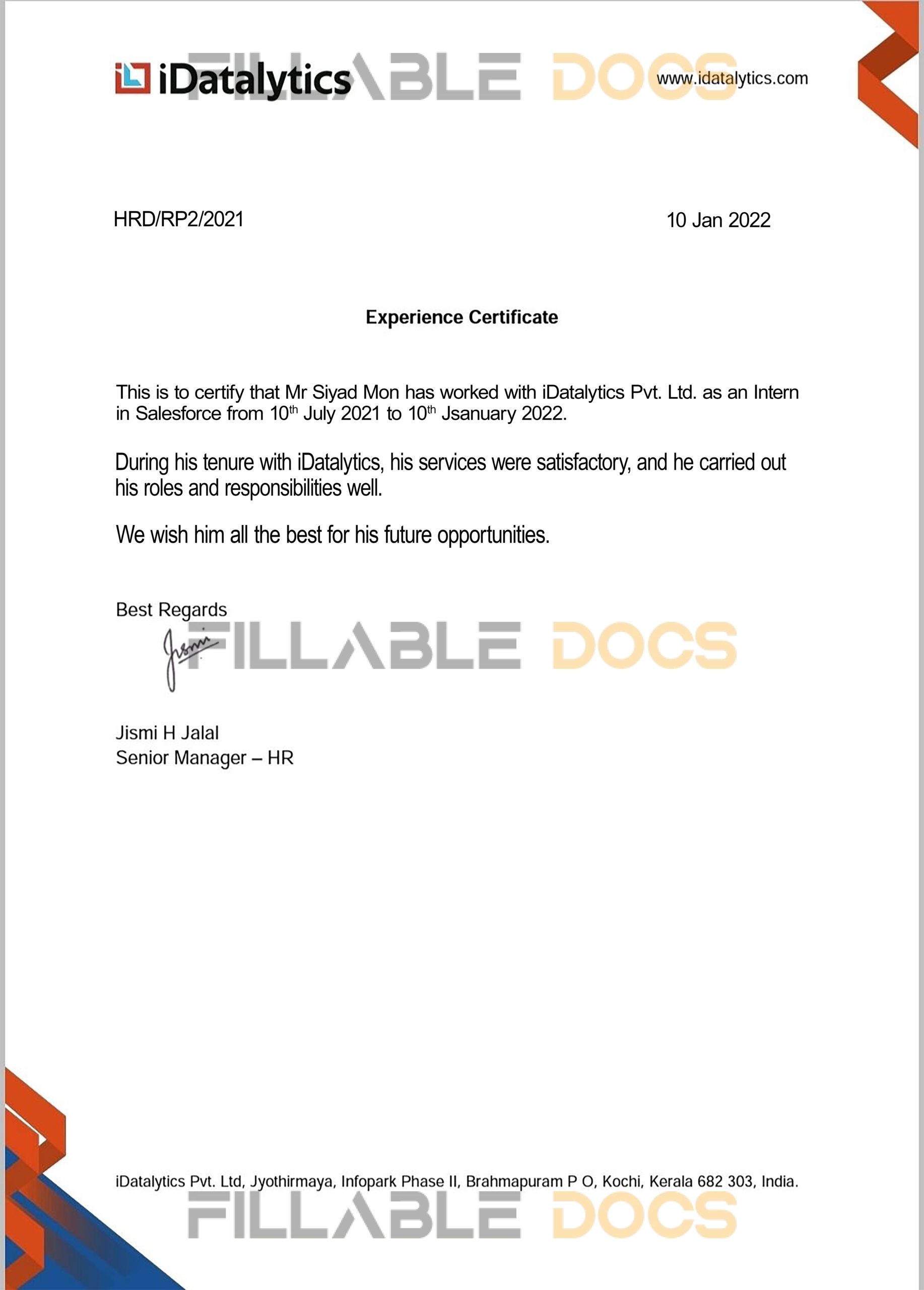 Purchase Realistic Fake idatelytics company Experience Certificate Templates | Easily Editable