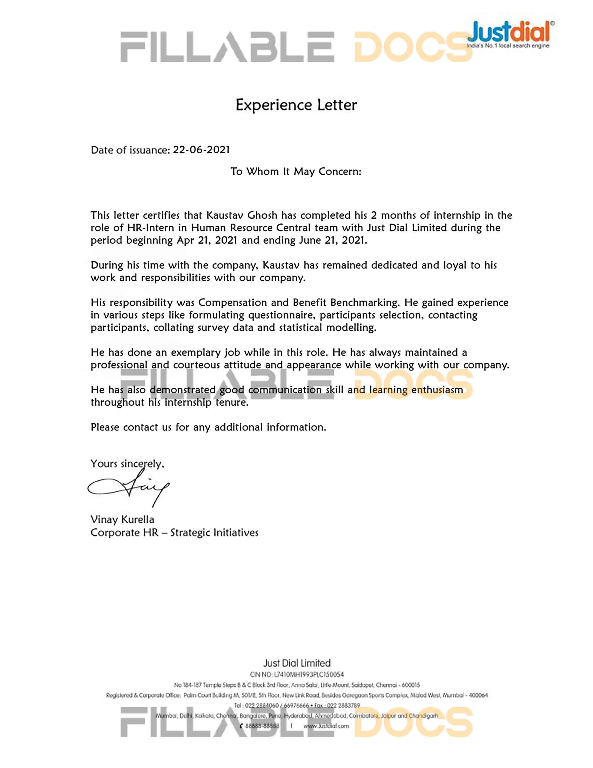 Purchase Realistic Fake justdial Experience Certificate Templates | Easily Editable