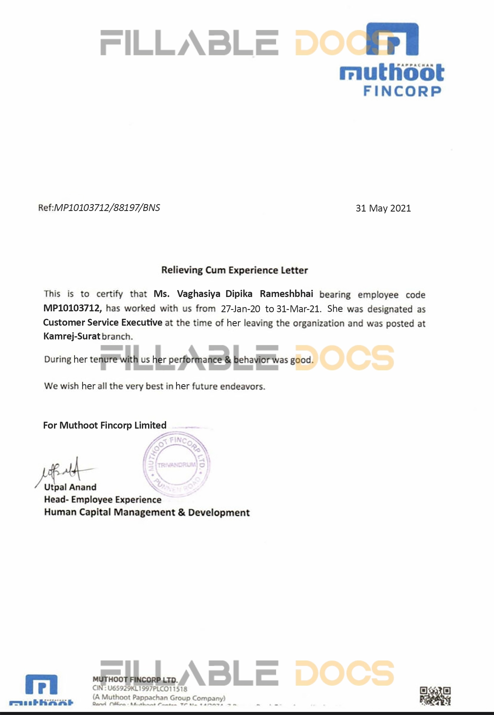 Purchase Realistic Fake muthoot fincrop Experience Certificate Templates | Easily Editable