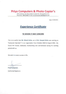 Purchase Realistic Fake priya computers Experience Certificate Templates | Easily Editable