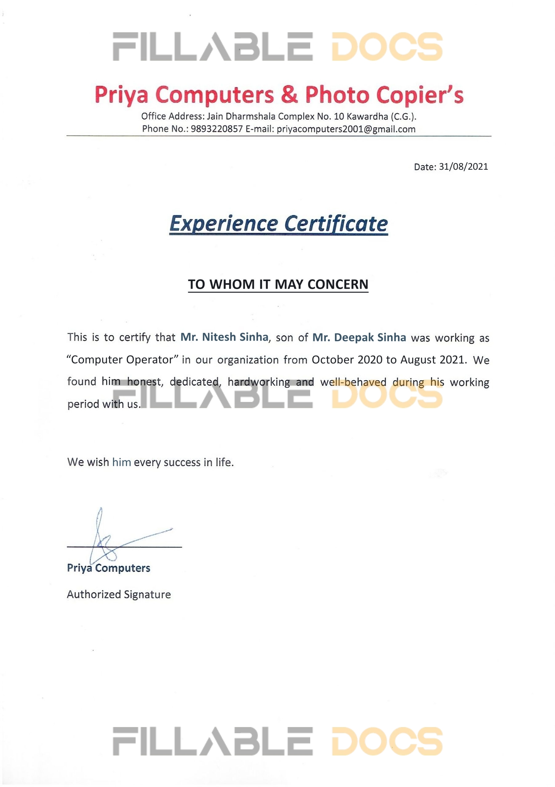 Purchase Realistic Fake priya computers Experience Certificate Templates | Easily Editable