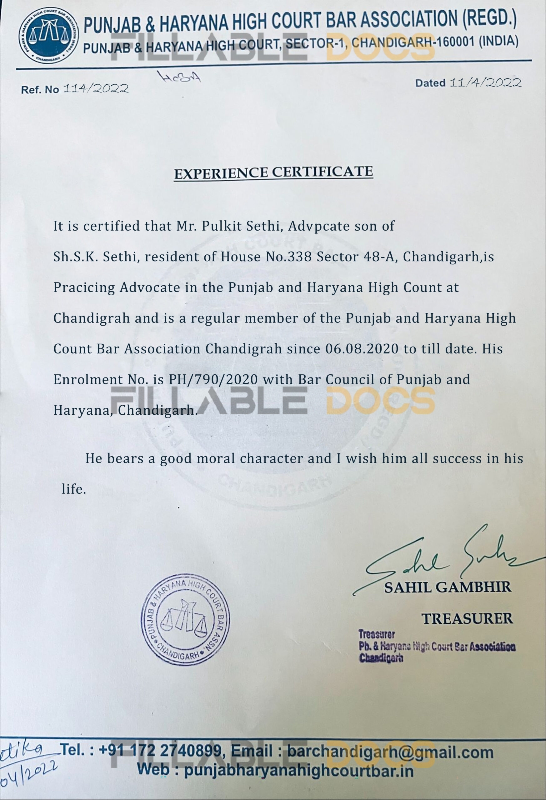 Purchase Realistic Fake punjab & haryana high court bar association Experience Certificate Templates | Easily Editable