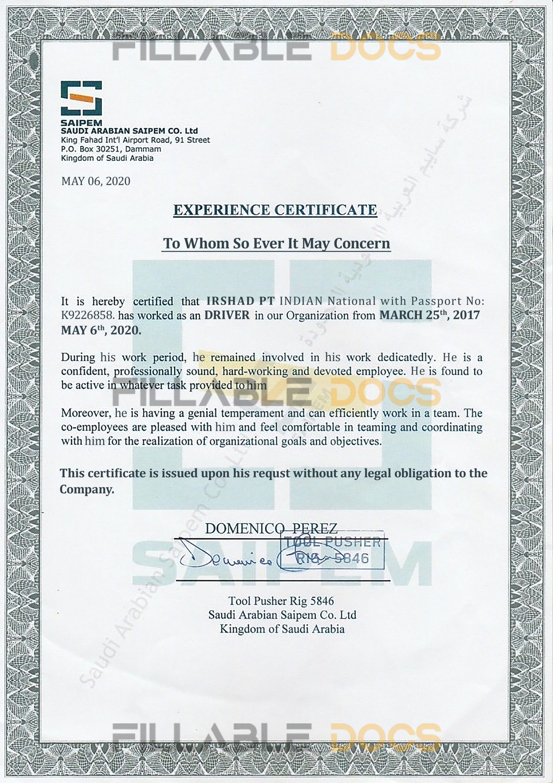 Purchase Realistic Fake saipem saudi arabian Experience Certificate Templates | Easily Editable