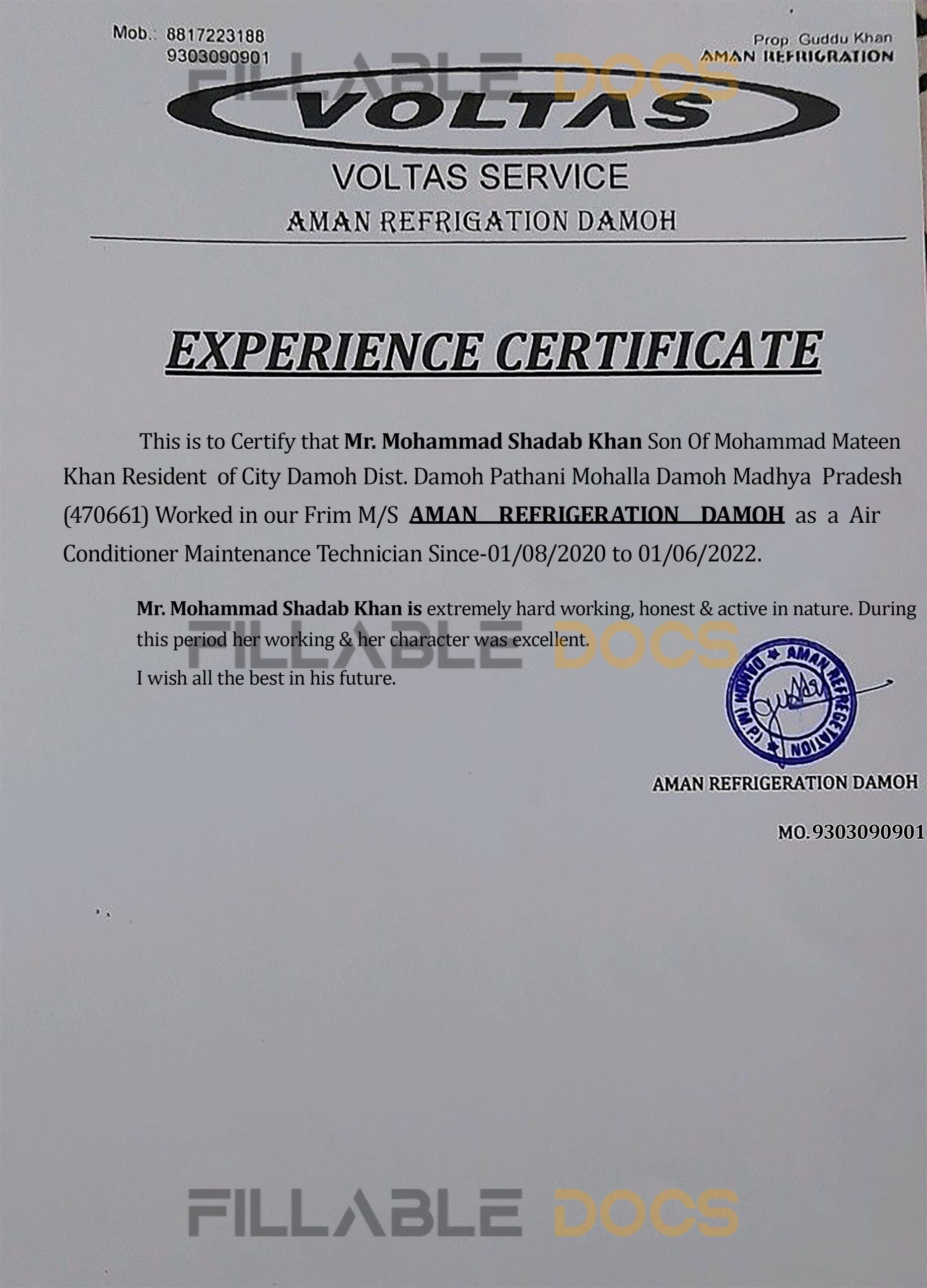 Purchase Realistic Fake voltas company Experience Certificate Templates | Easily Editable
