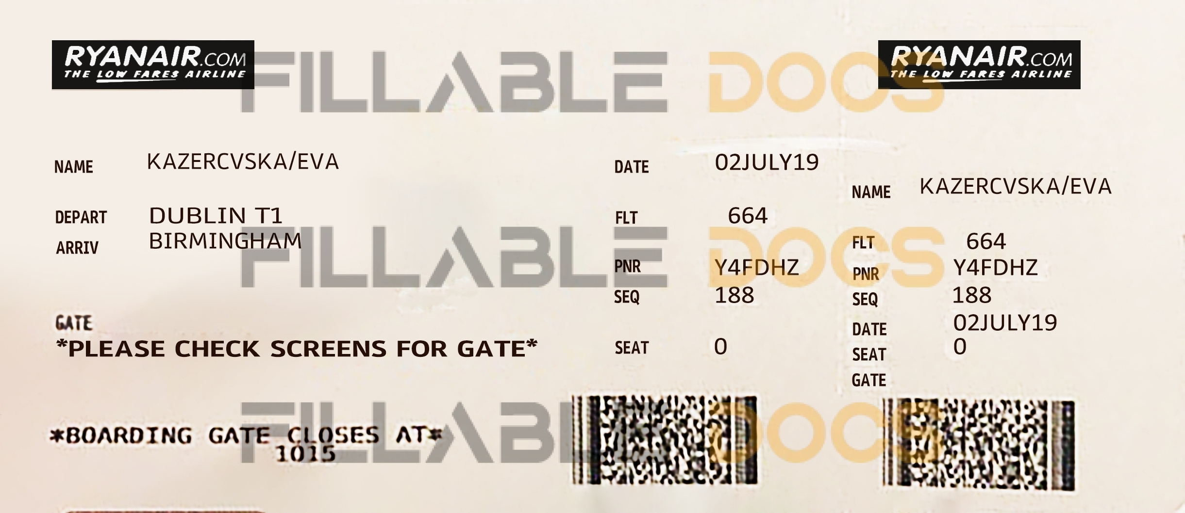 Fake Ryanair Airline Ticket | Editable Airplane Tickets PSD Templates