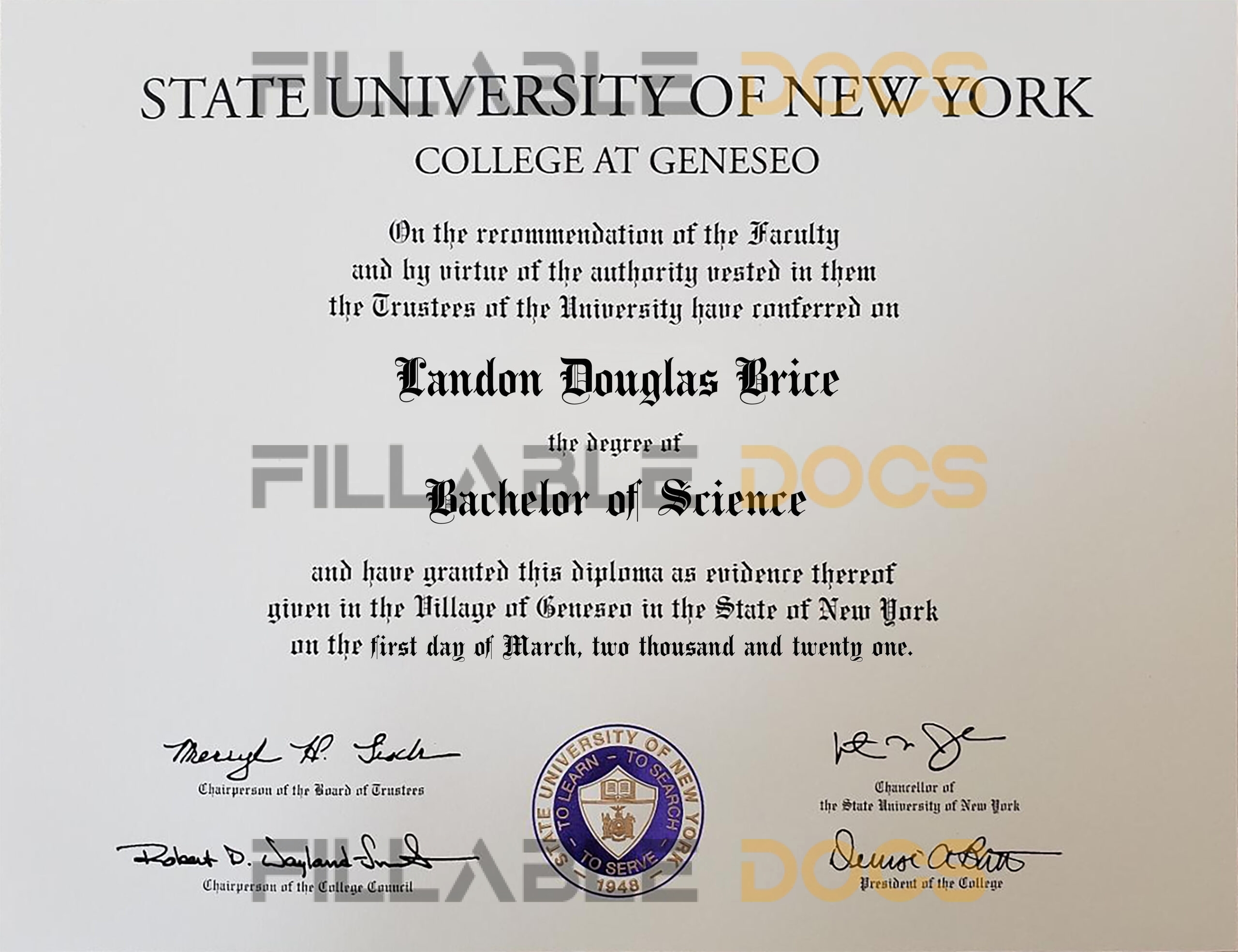 Authentic-Looking Fake certificate from SUNY Geneseo New York University
