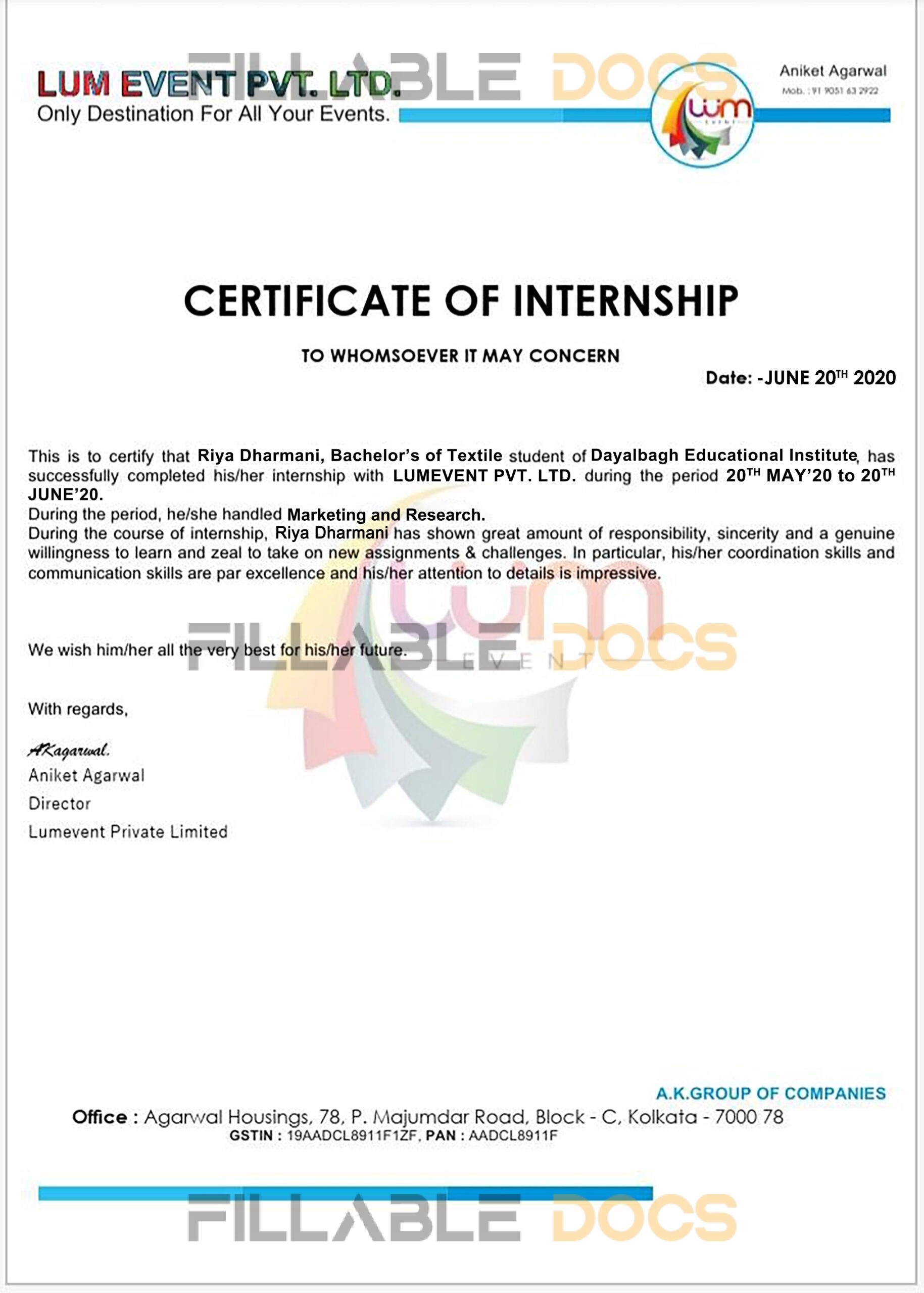 Stand Out with a Customizable LUM event private limited Internship Certificate PSD Template