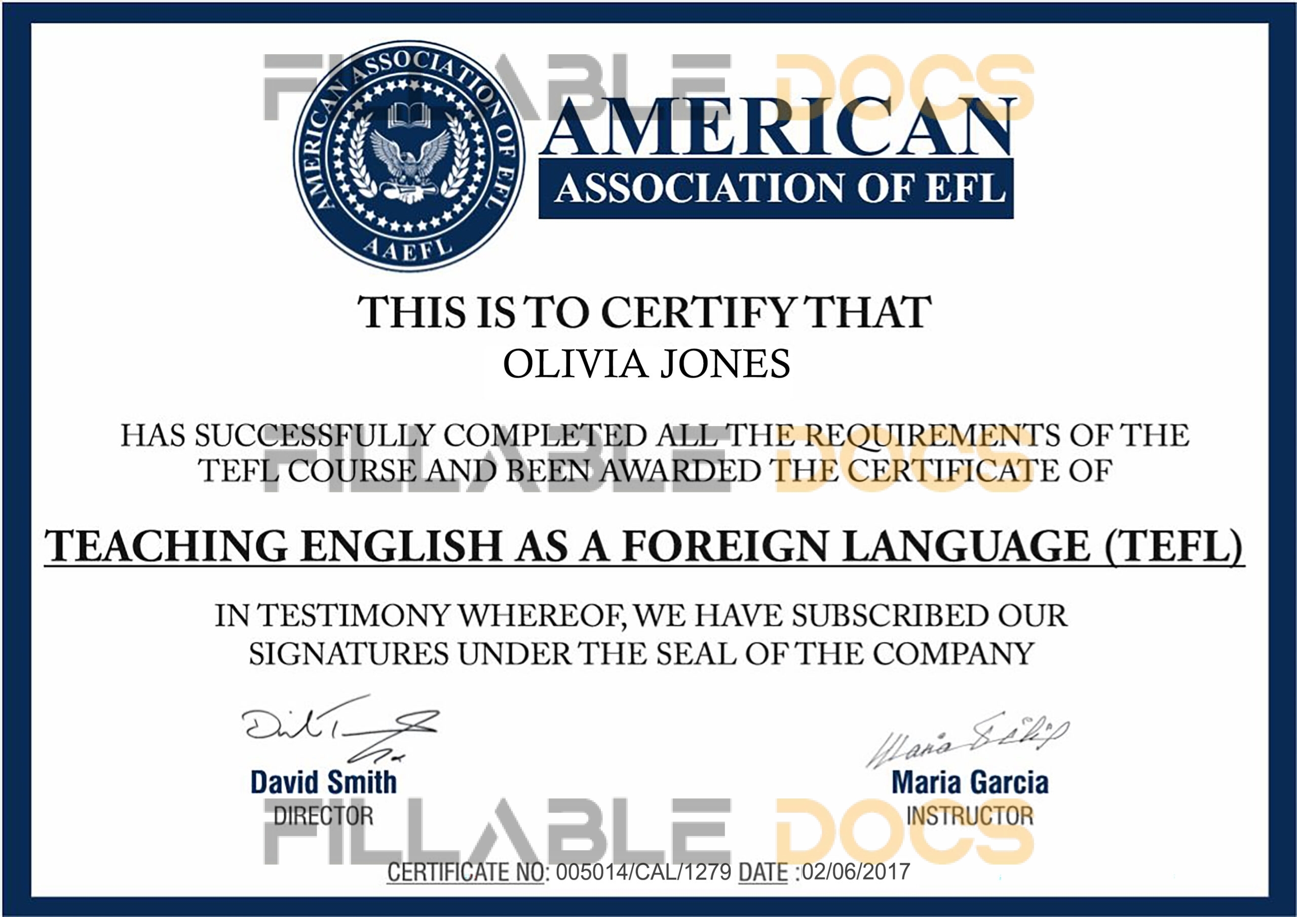 American Association of EFL, TEFL Certificate PSD Template