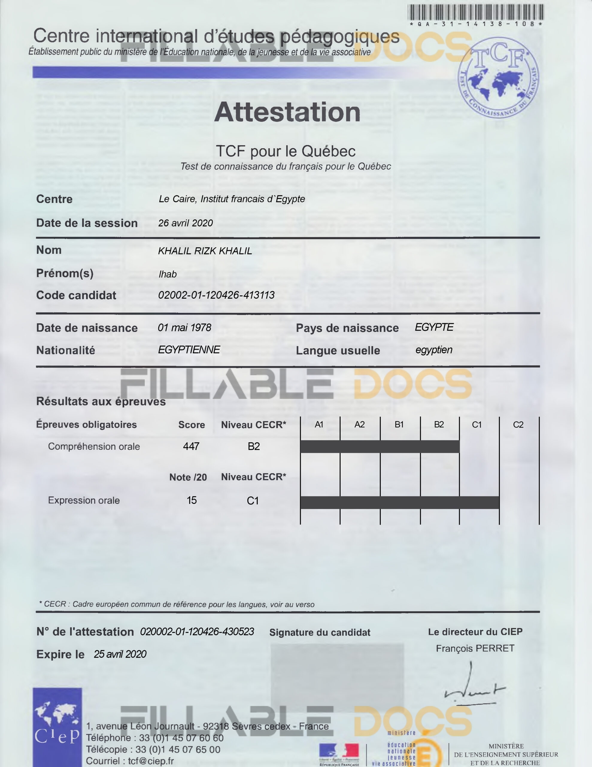 Buy Fake TCF Certificate | Blank TCF PSD Template (version1)