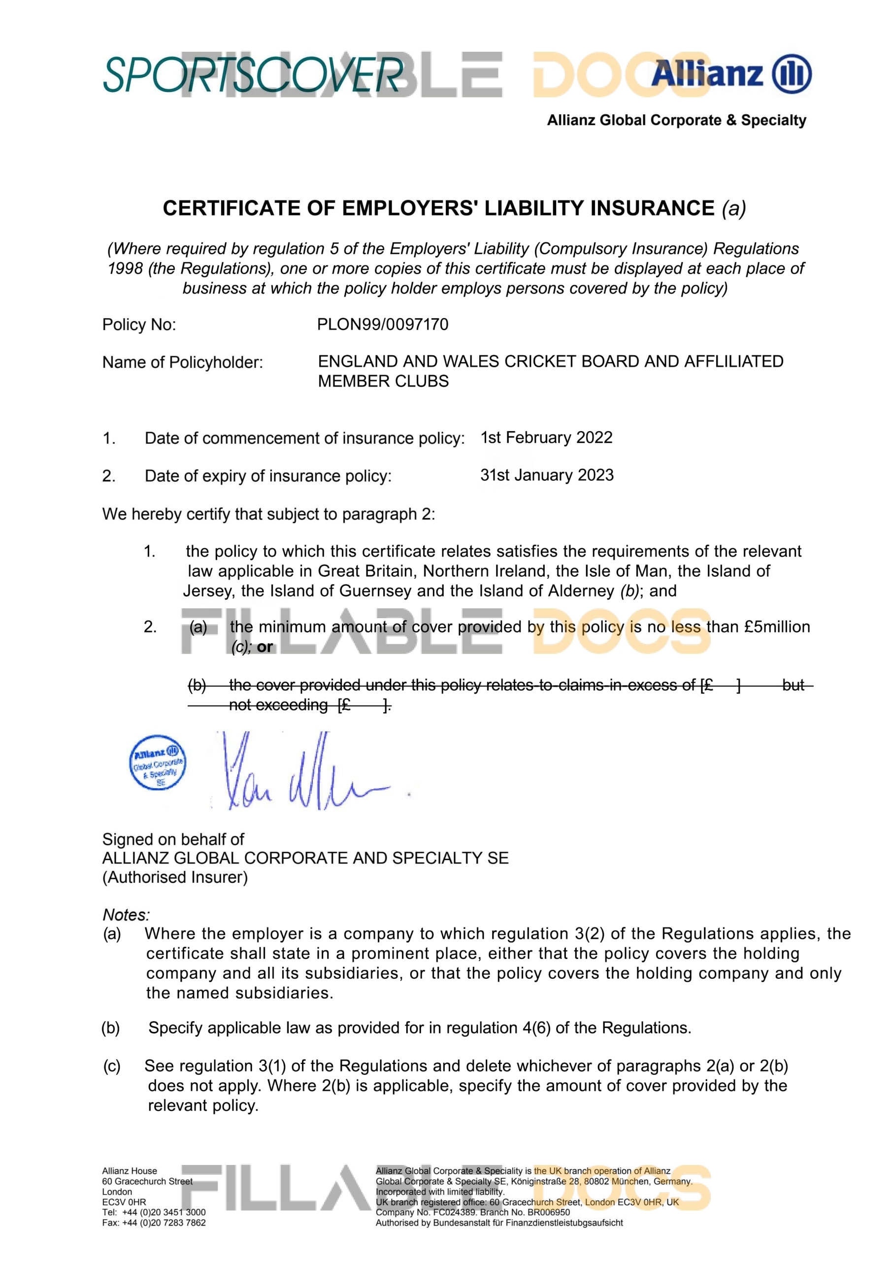 Customizable Fake Proof of Allianz employer liability Insurance