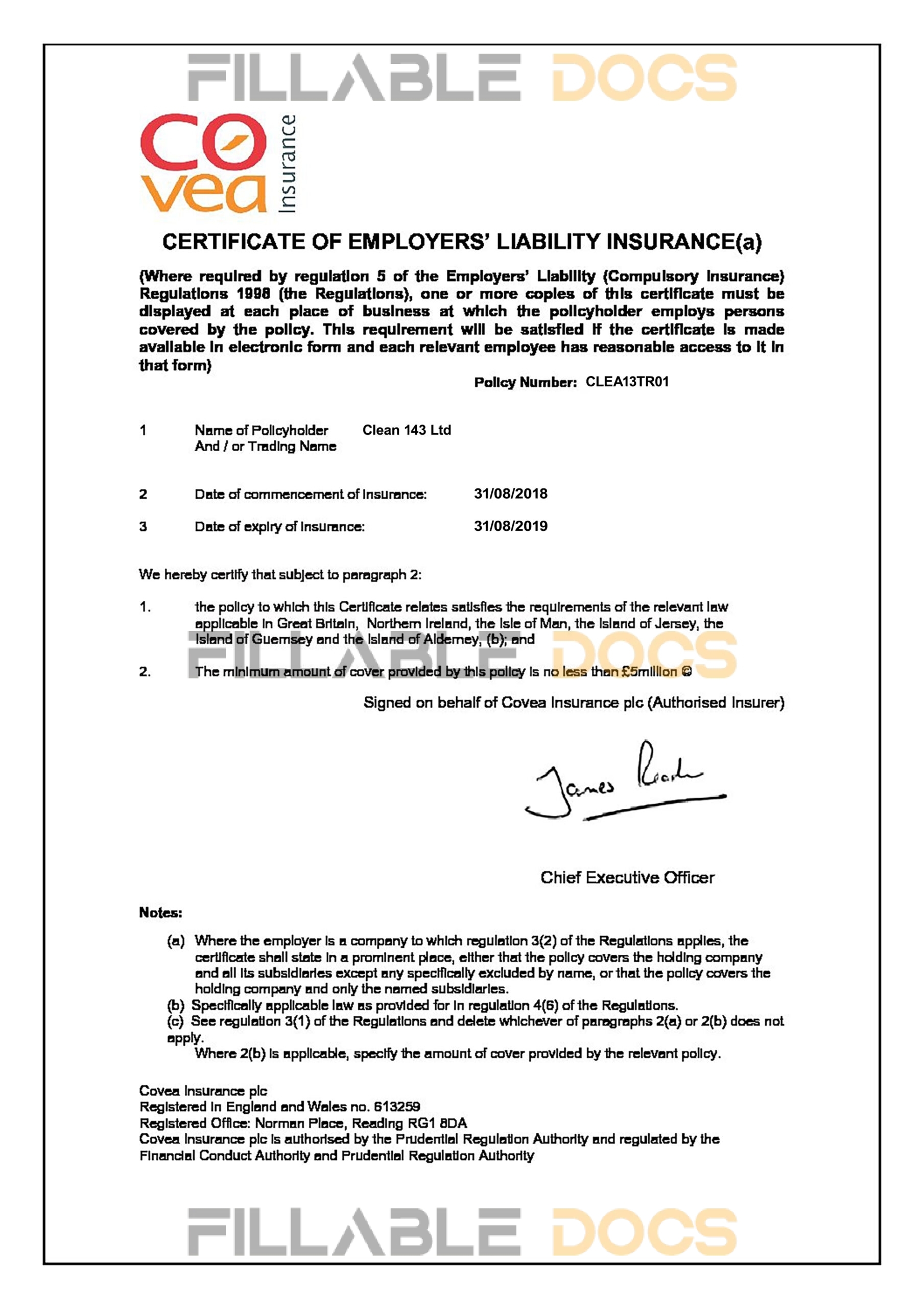 Customizable Fake Proof of Covea employer liability Insurance