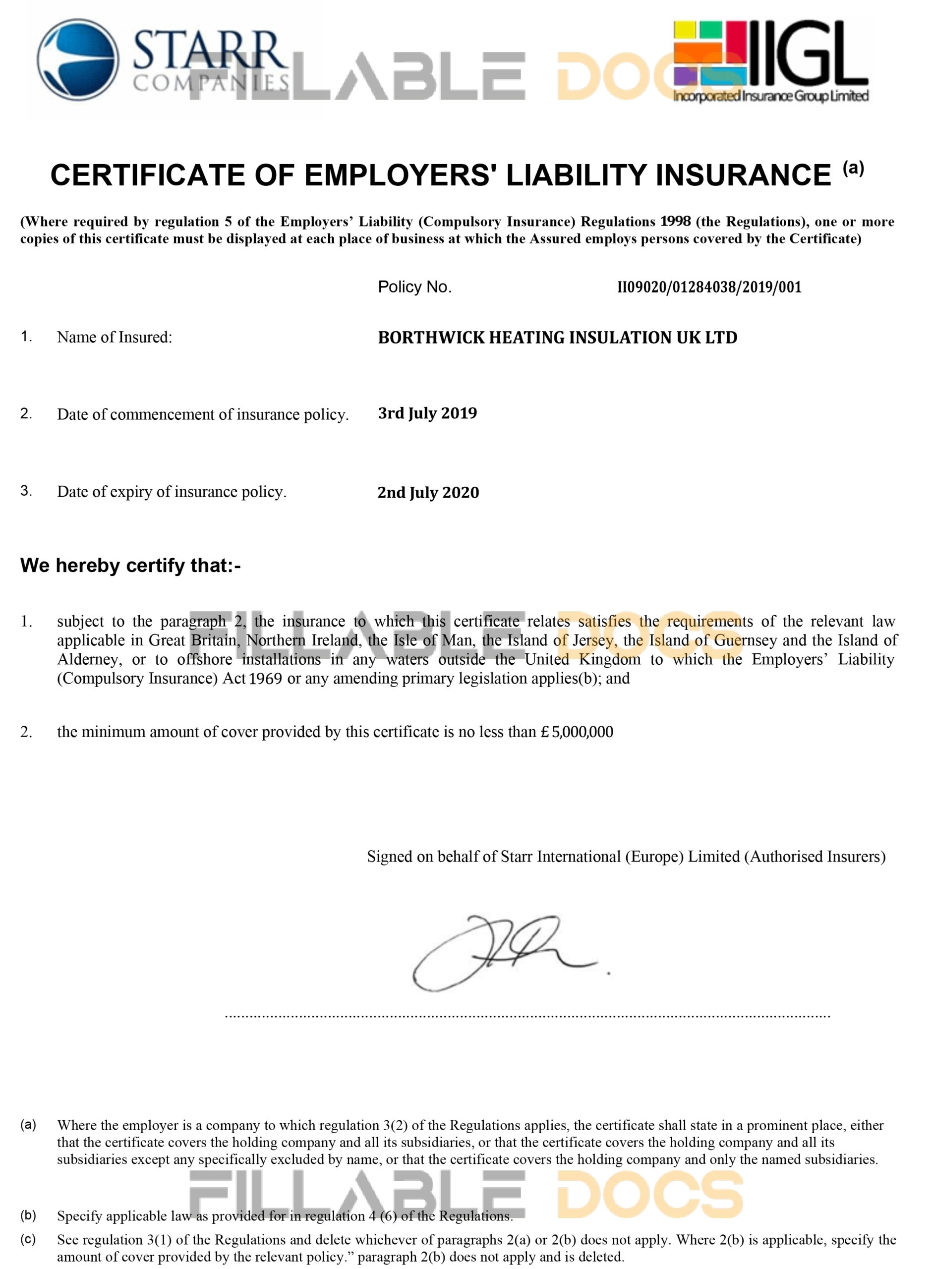 Customizable Fake Proof of IIGL employer liability Insurance