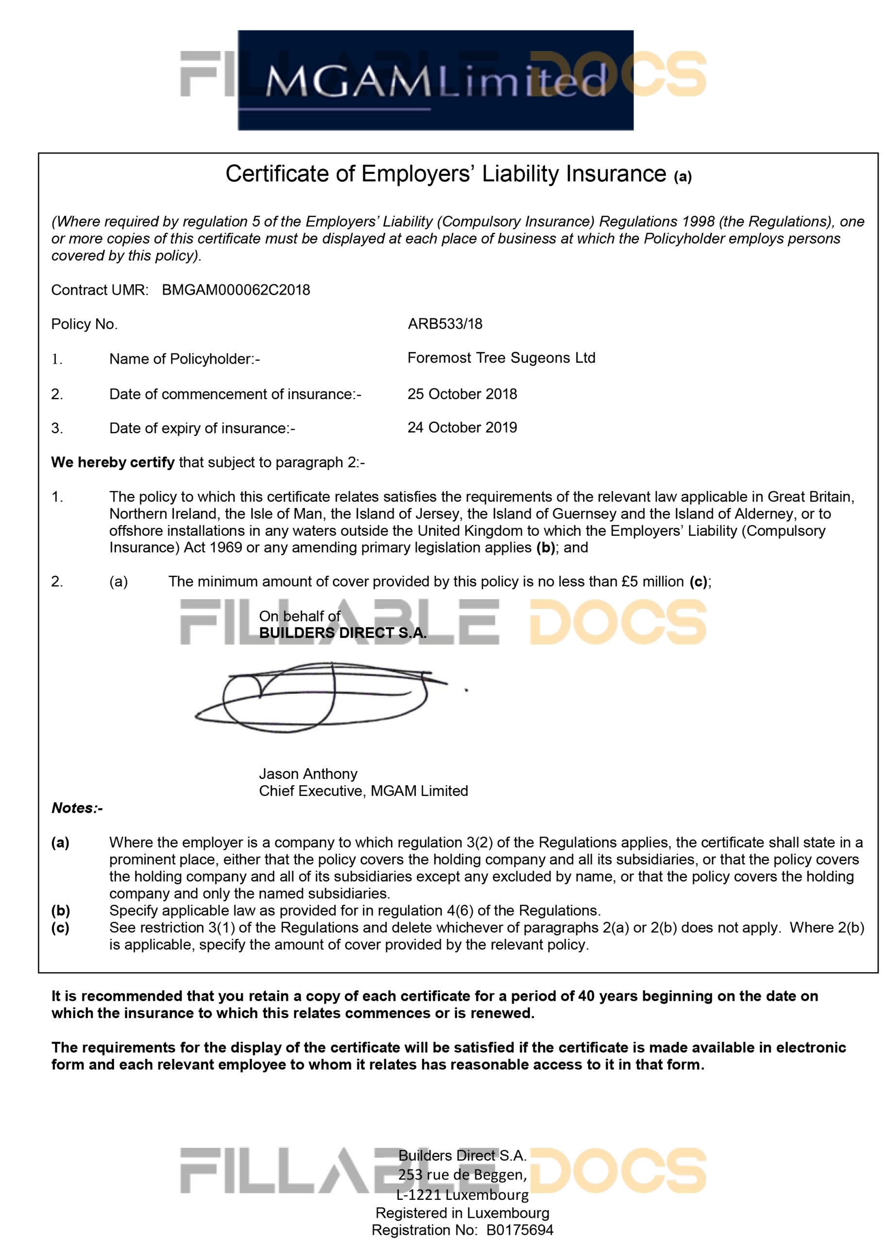 Customizable Fake Proof of MGA employer liability Insurance