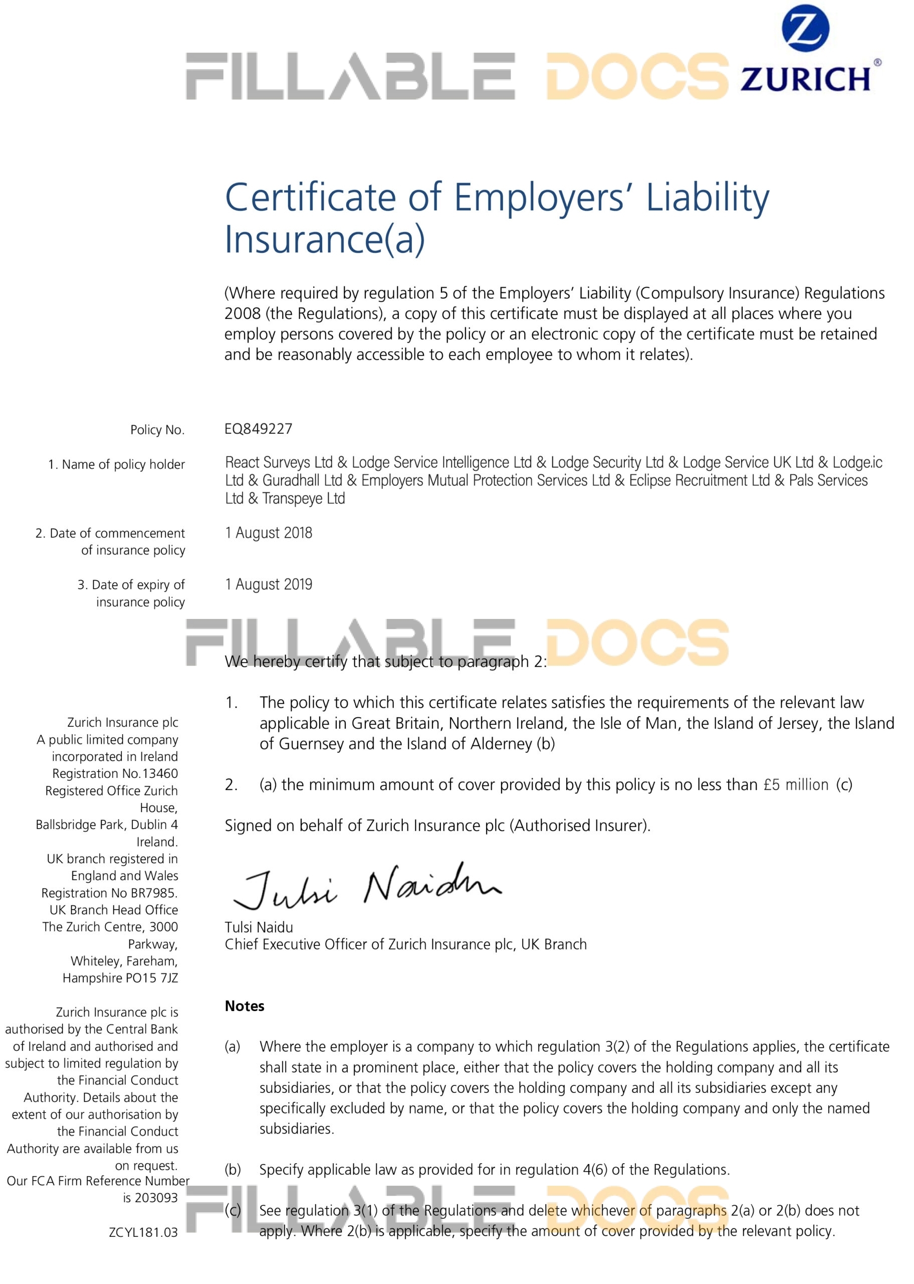 Customizable Fake Proof of Zurich employer liability Insurance