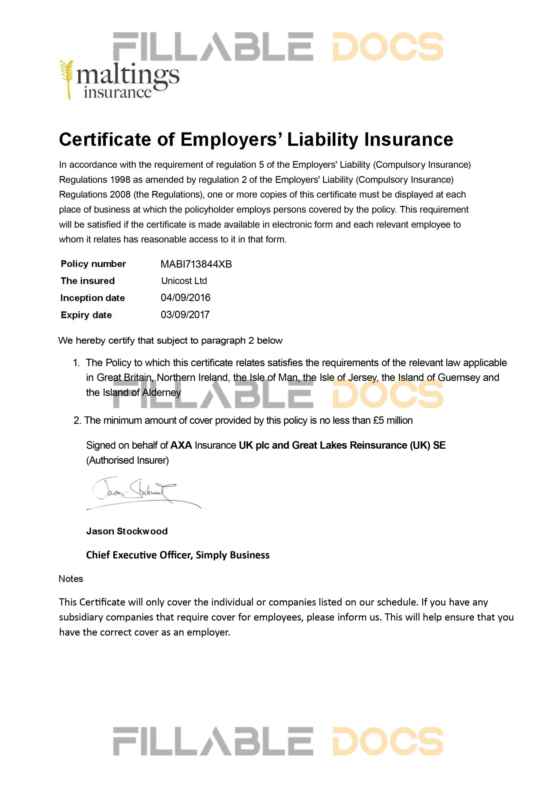 Customizable Fake Proof of maltings employer liability Insurance