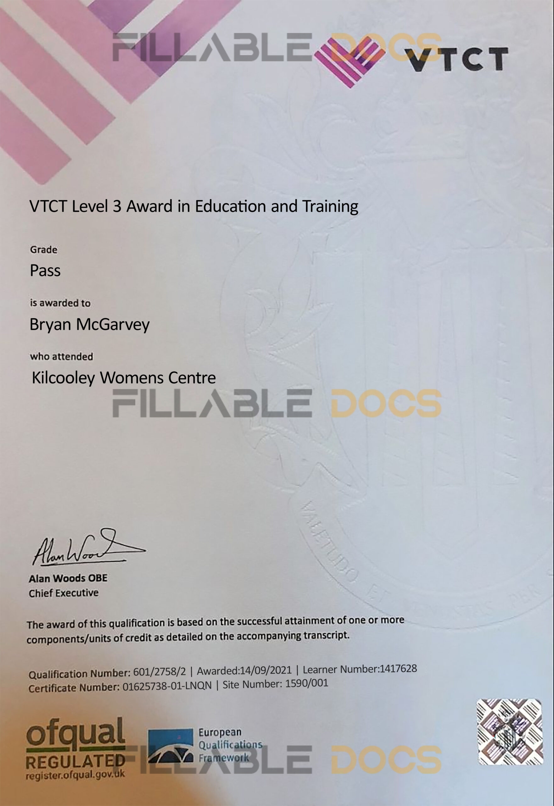 Fake Certificate from A VTCT University Template